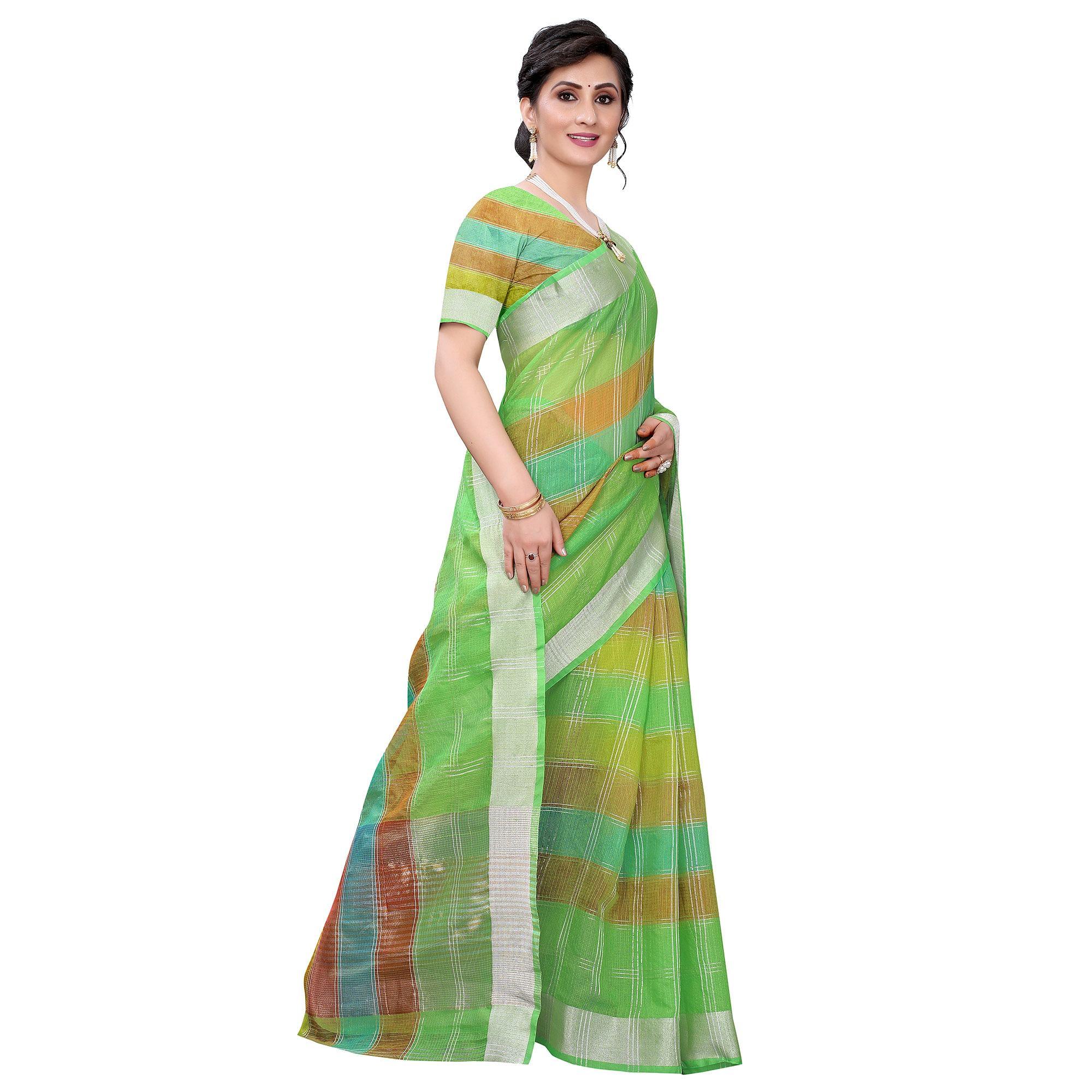 Green Casual Wear Checks Printed Silk Saree With Border - Peachmode