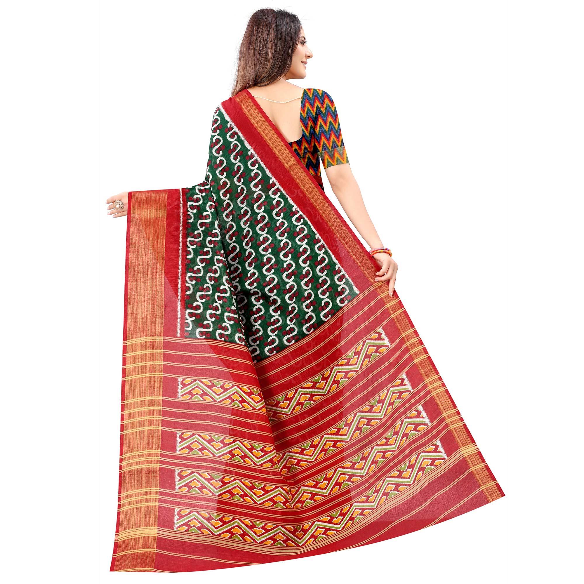 Green Casual Wear Designer Hand Block Printed Cotton Linen Saree - Peachmode