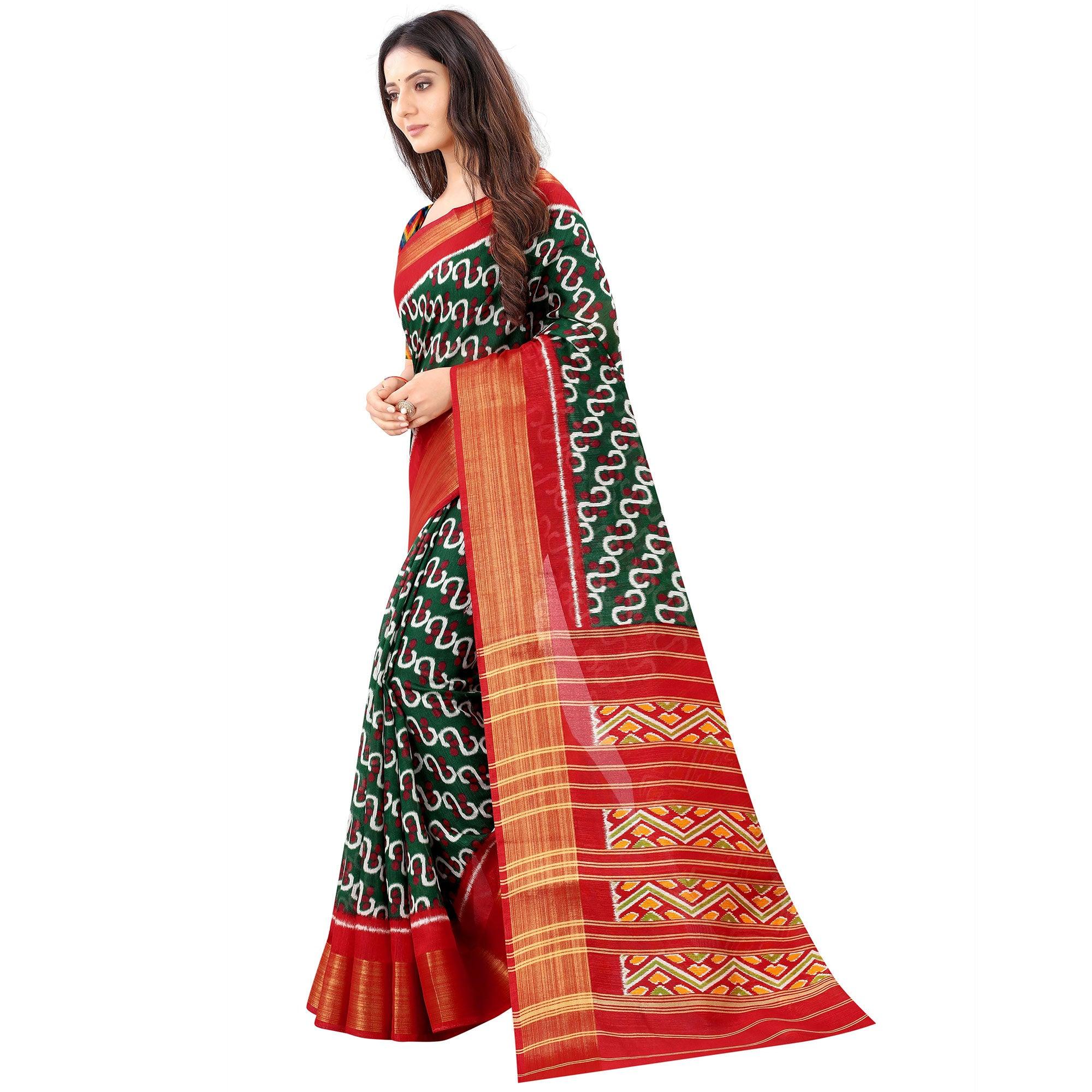 Green Casual Wear Designer Hand Block Printed Cotton Linen Saree - Peachmode