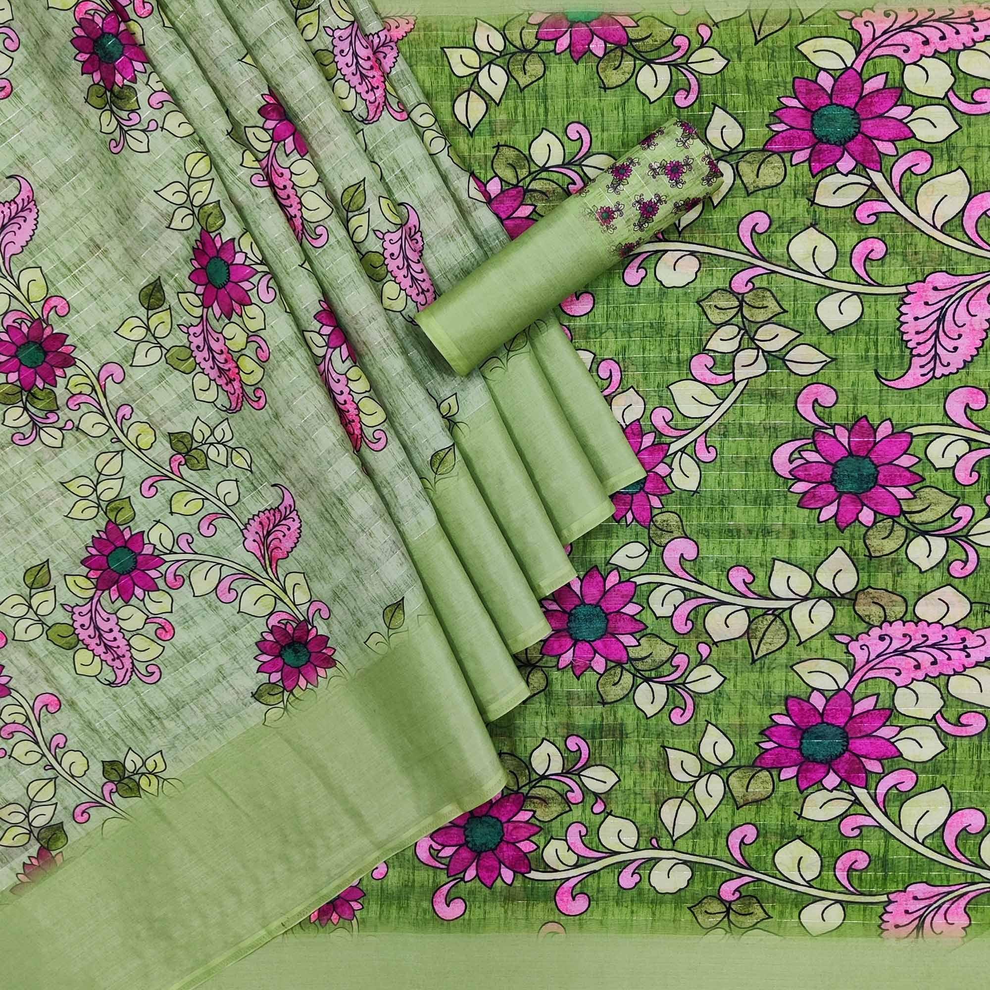Green Casual Wear Digital Floral Printed Cotton Silk Saree - Peachmode