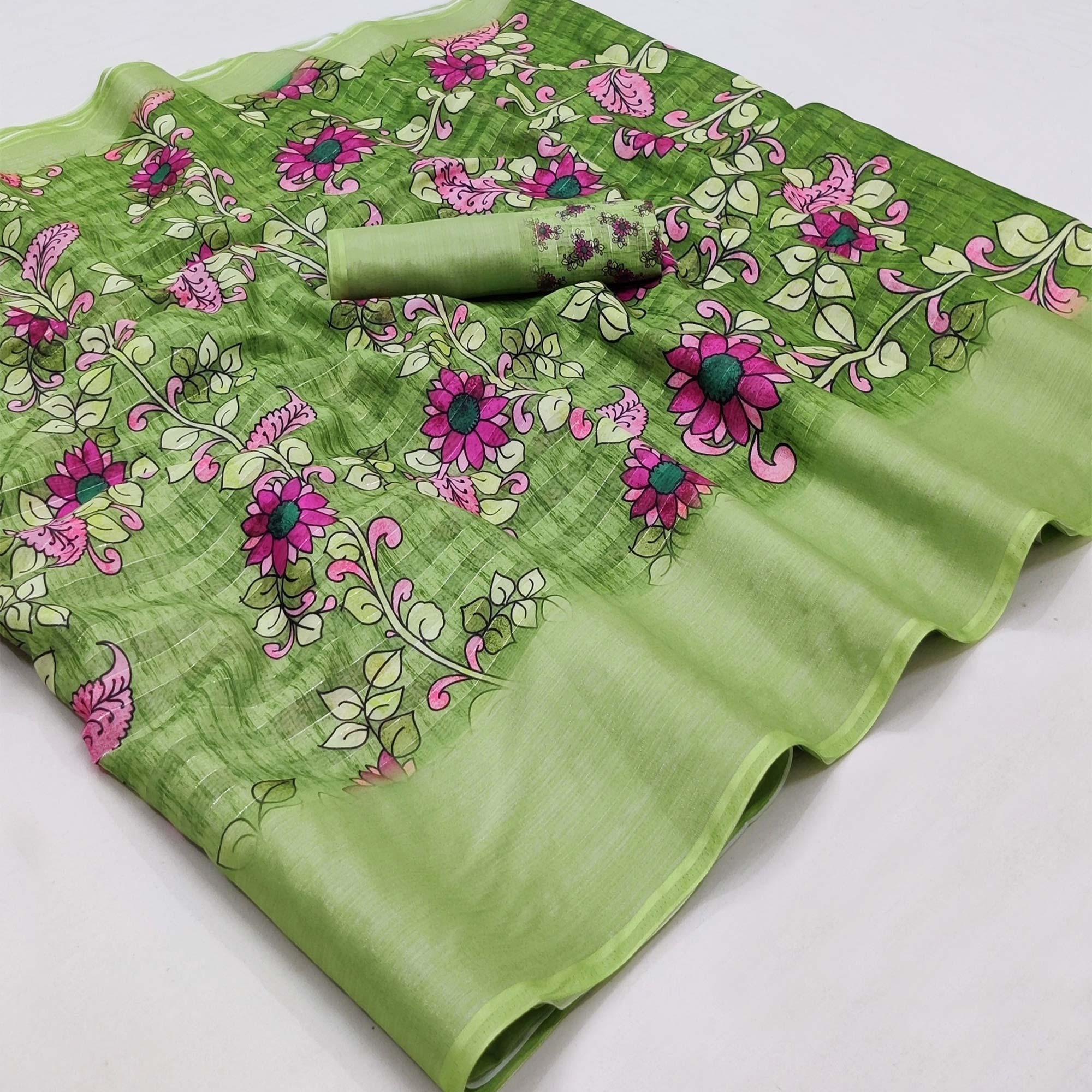 Green Casual Wear Digital Floral Printed Cotton Silk Saree - Peachmode