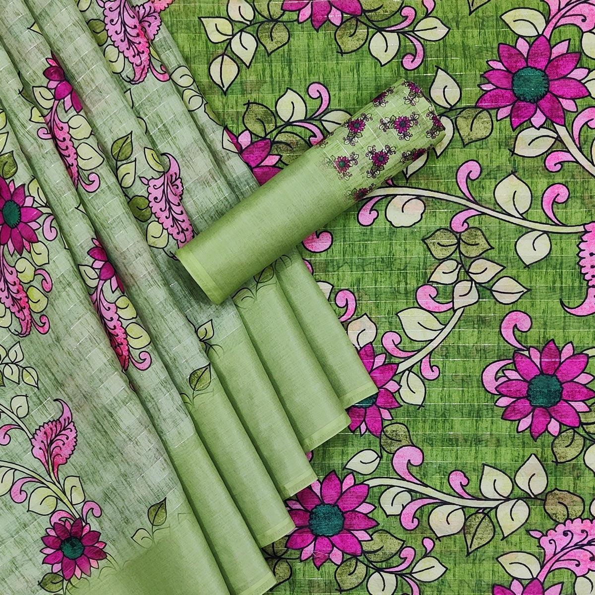 Green Casual Wear Digital Floral Printed Cotton Silk Saree - Peachmode
