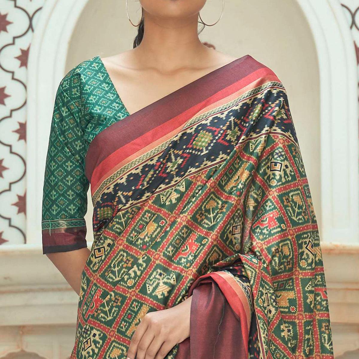Green Casual Wear Digital Printed Assam Silk Saree - Peachmode