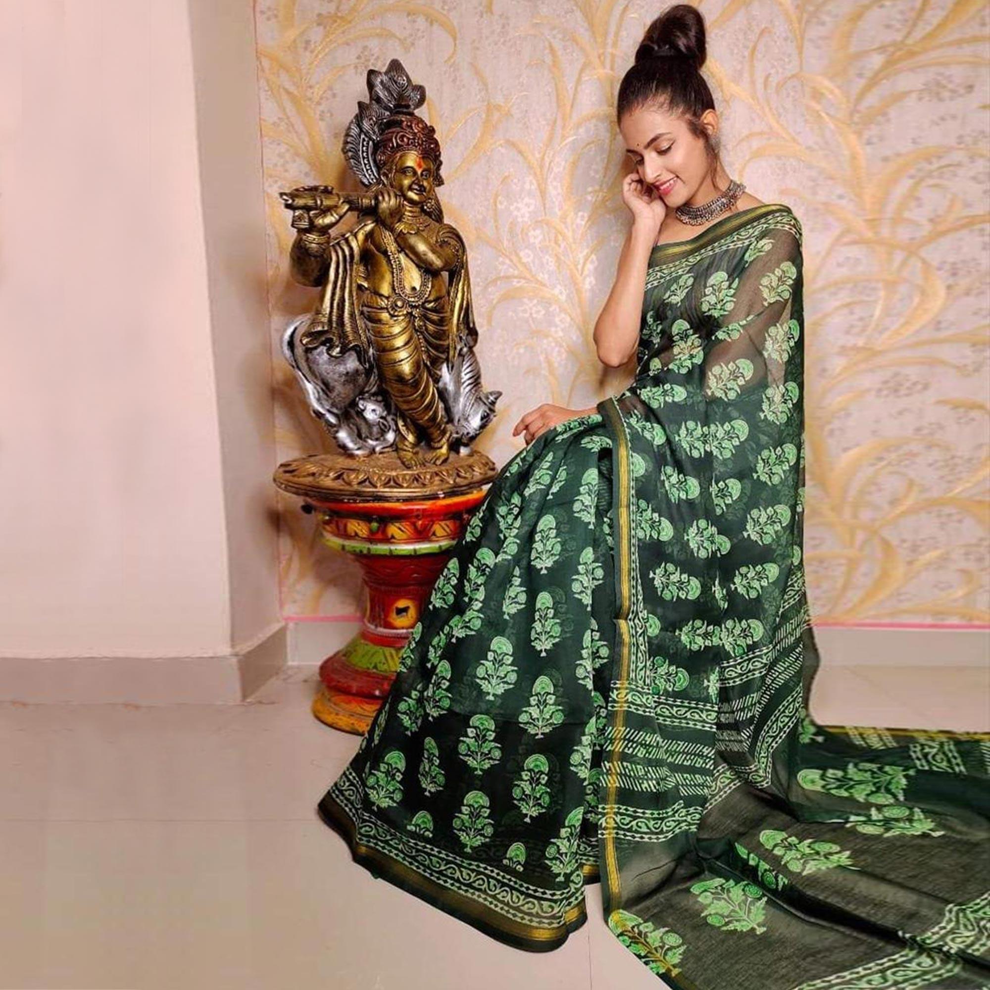 Green Casual Wear Digital Printed Chanderi Silk Saree - Peachmode