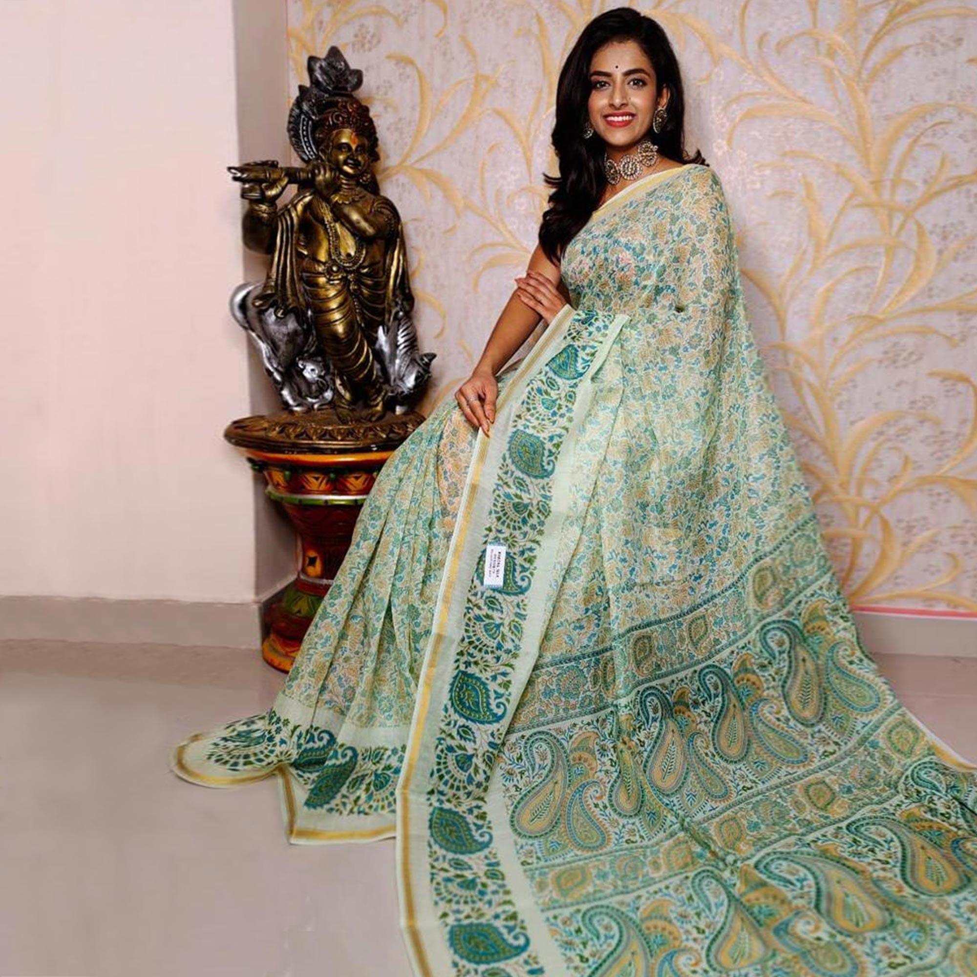 Green Casual Wear Digital Printed Chanderi Silk Saree - Peachmode