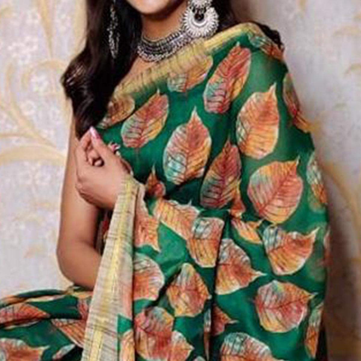 Green Casual Wear Digital Printed Chanderi Silk Saree - Peachmode