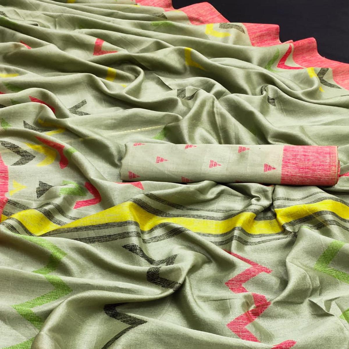 Green Casual Wear Digital Printed Cotton Saree - Peachmode