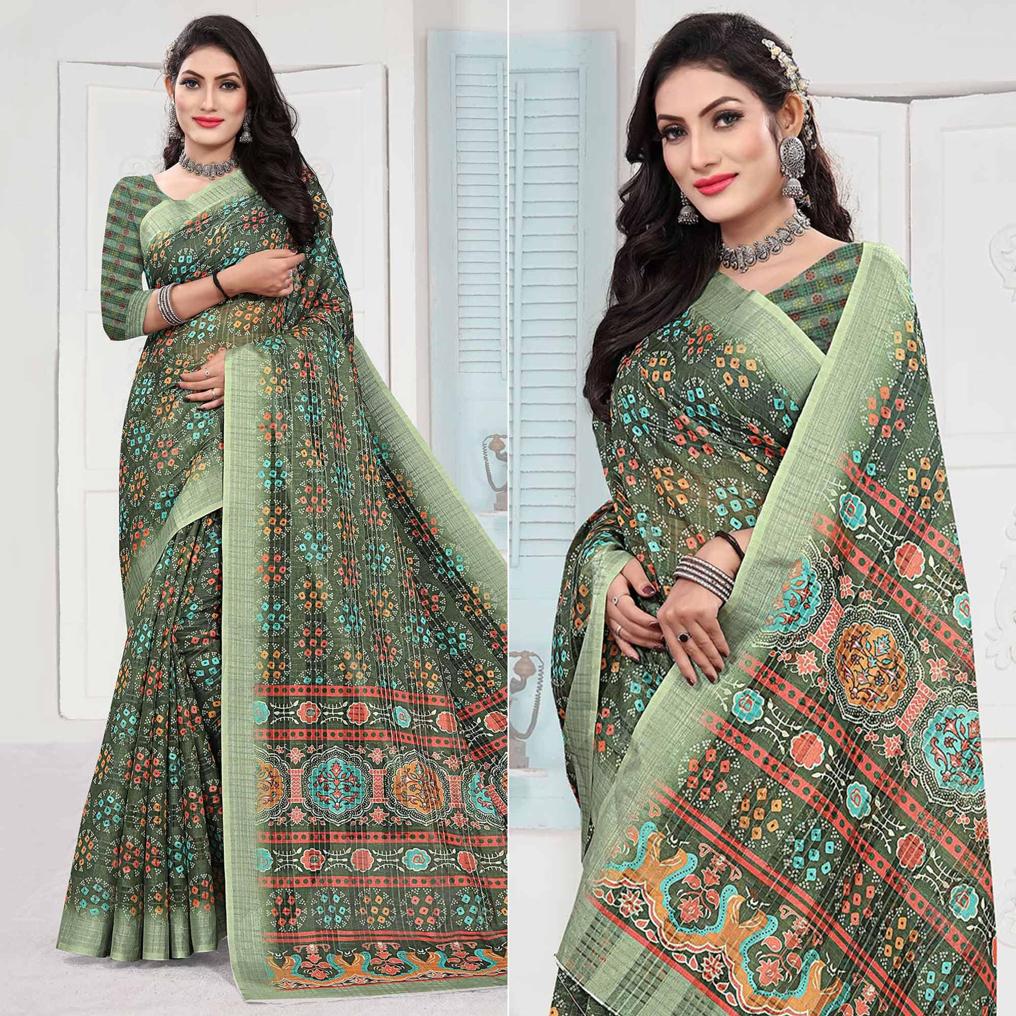 Green Casual Wear Digital Printed Cotton Silk Saree - Peachmode