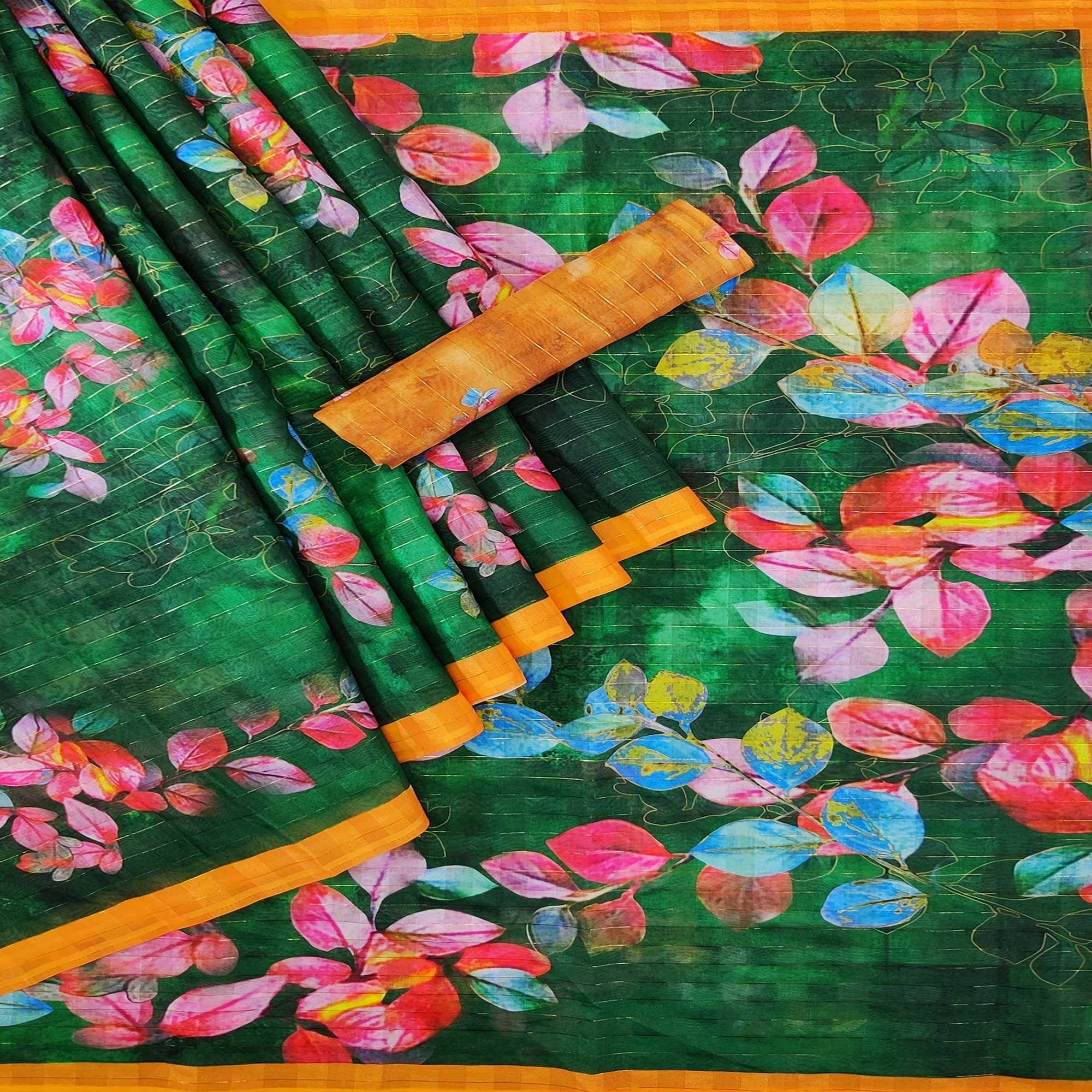 Green Casual Wear Digital Printed Cotton Silk Saree - Peachmode