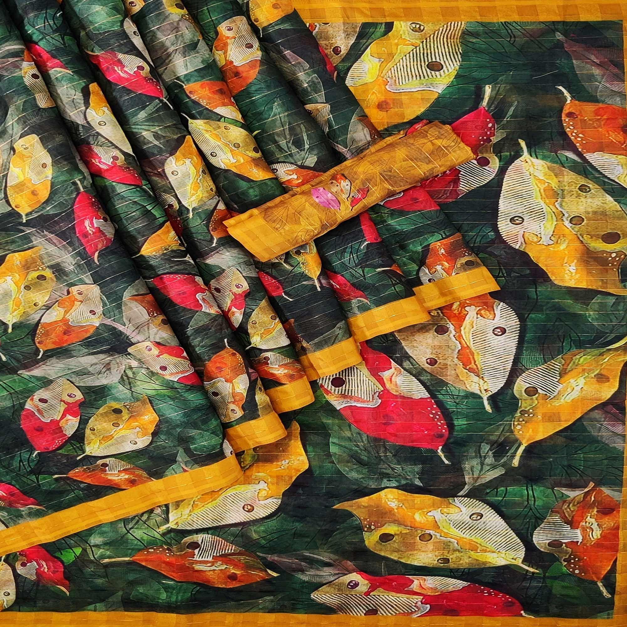 Green Casual Wear Digital Printed Cotton Silk Saree - Peachmode