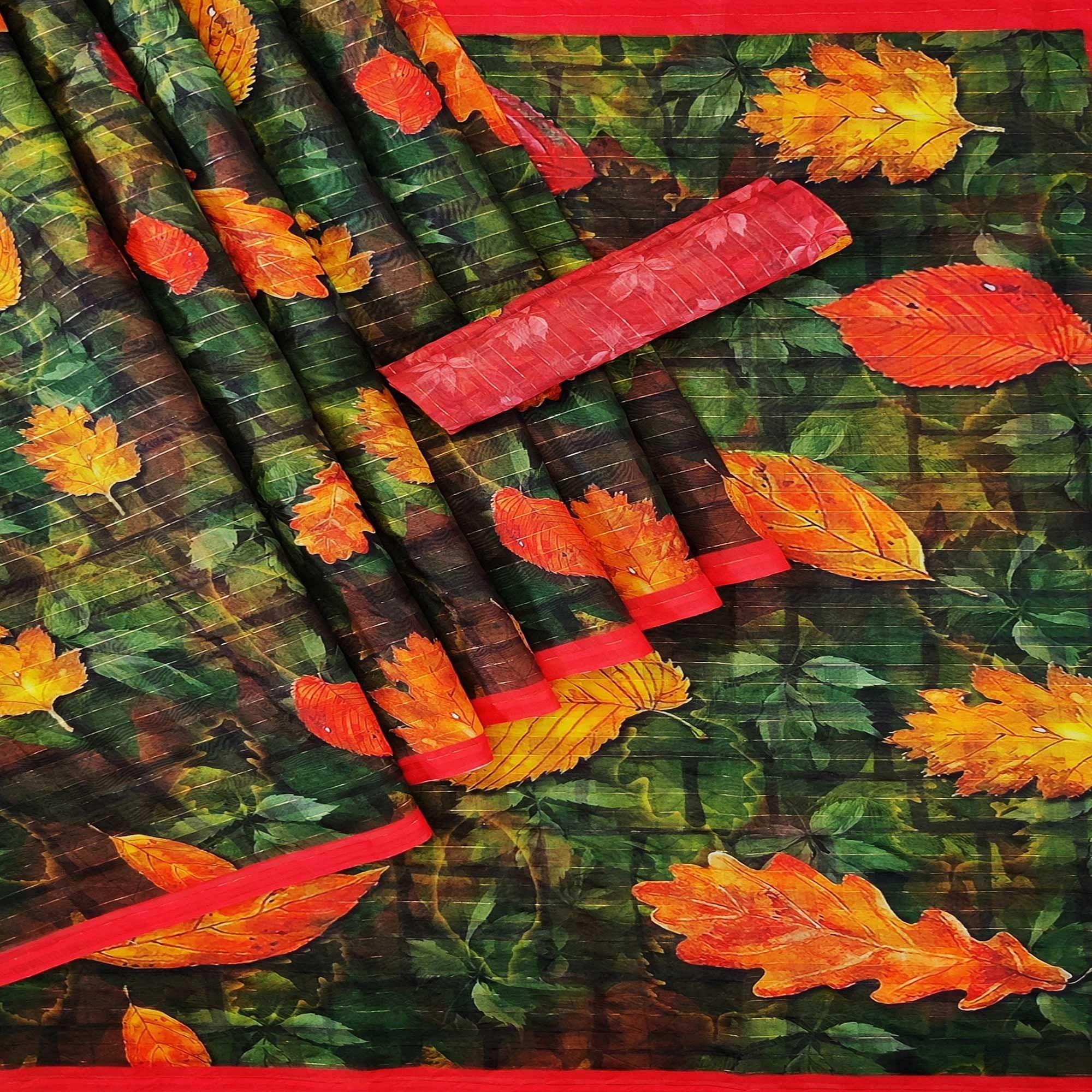 Green Casual Wear Digital Printed Cotton Silk Saree - Peachmode