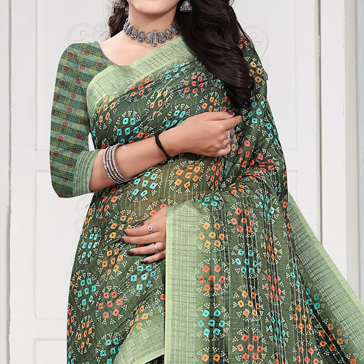 Green Casual Wear Digital Printed Cotton Silk Saree - Peachmode