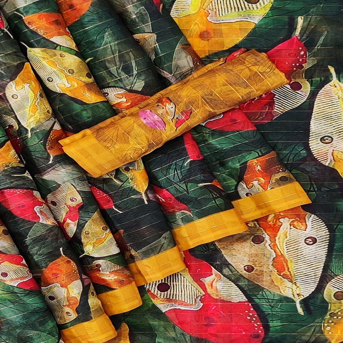 Green Casual Wear Digital Printed Cotton Silk Saree - Peachmode