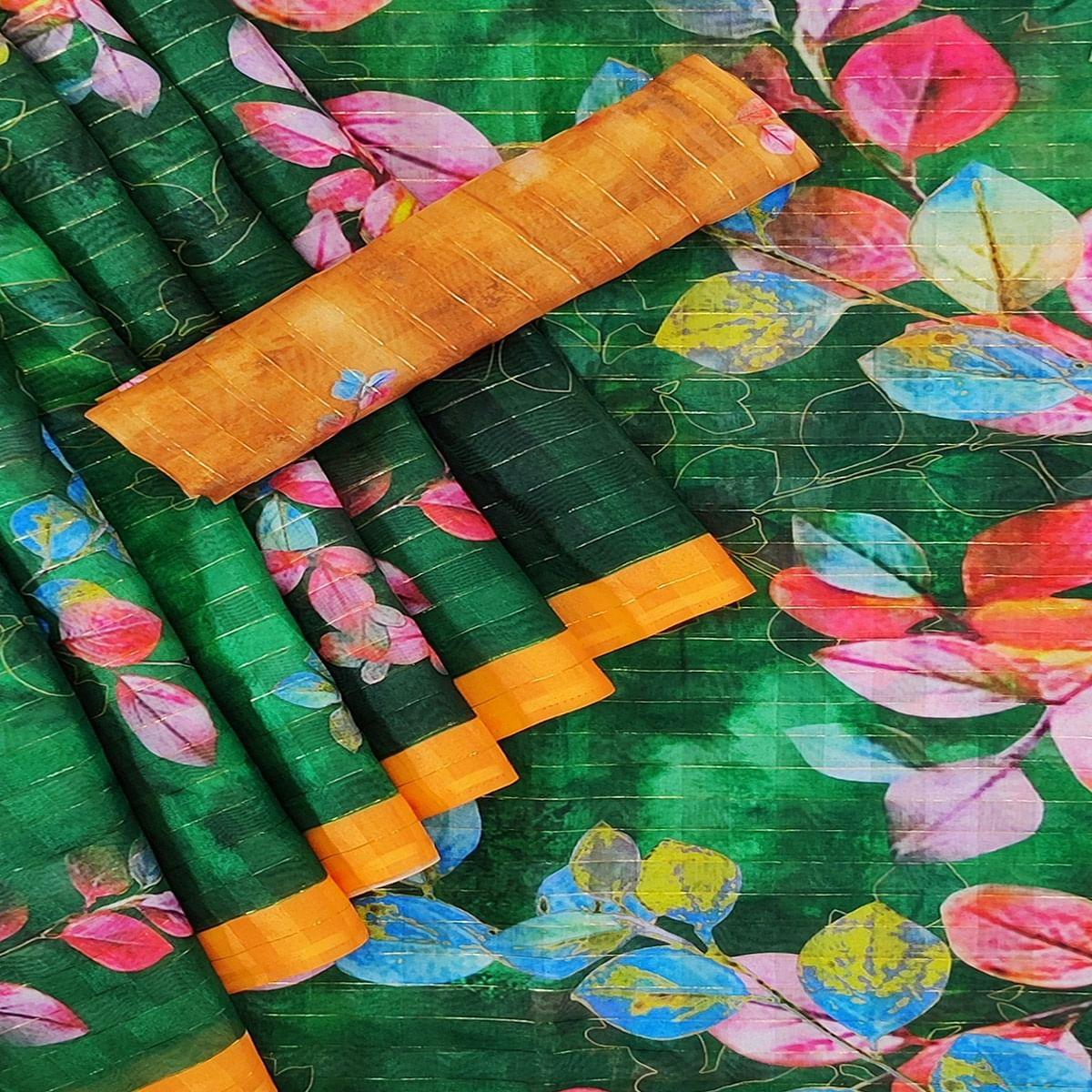 Green Casual Wear Digital Printed Cotton Silk Saree - Peachmode