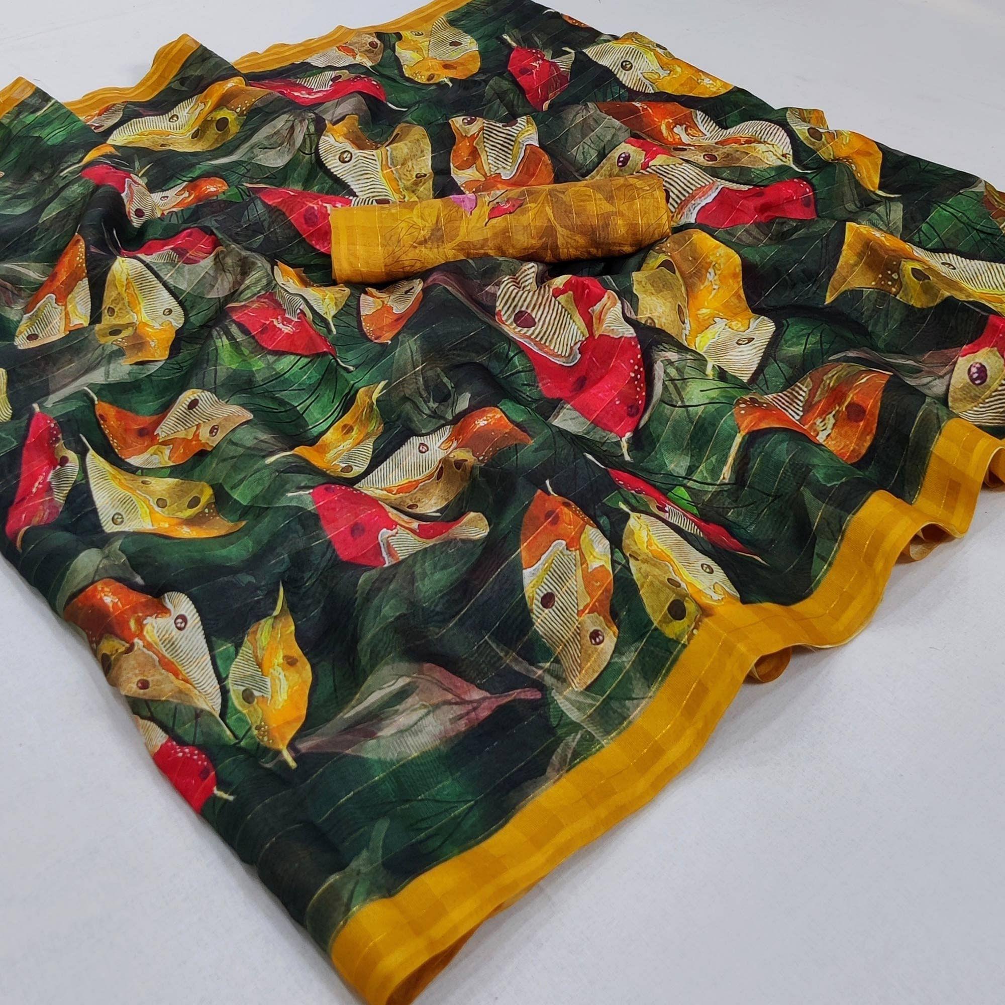 Green Casual Wear Digital Printed Cotton Silk Saree - Peachmode