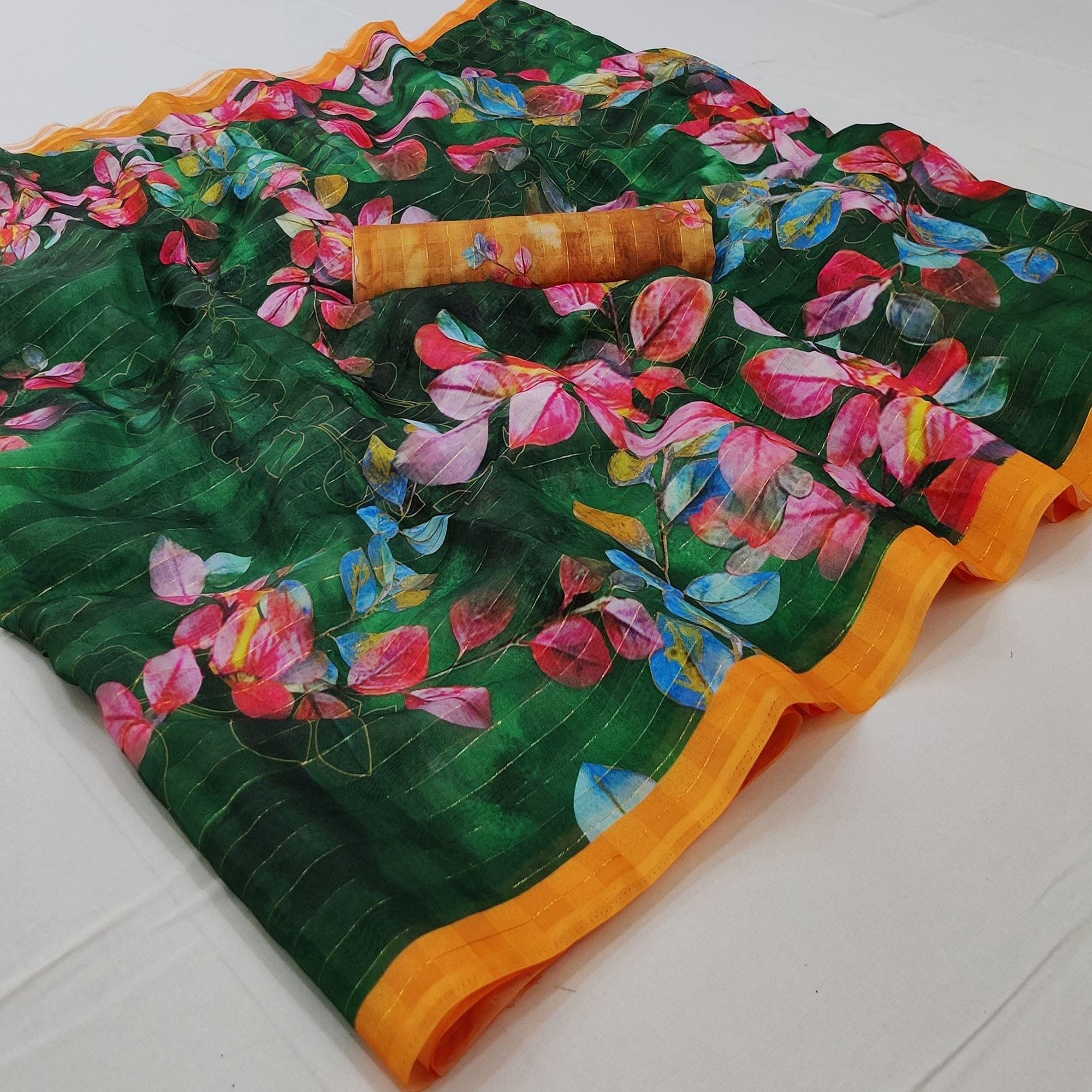 Green Casual Wear Digital Printed Cotton Silk Saree - Peachmode