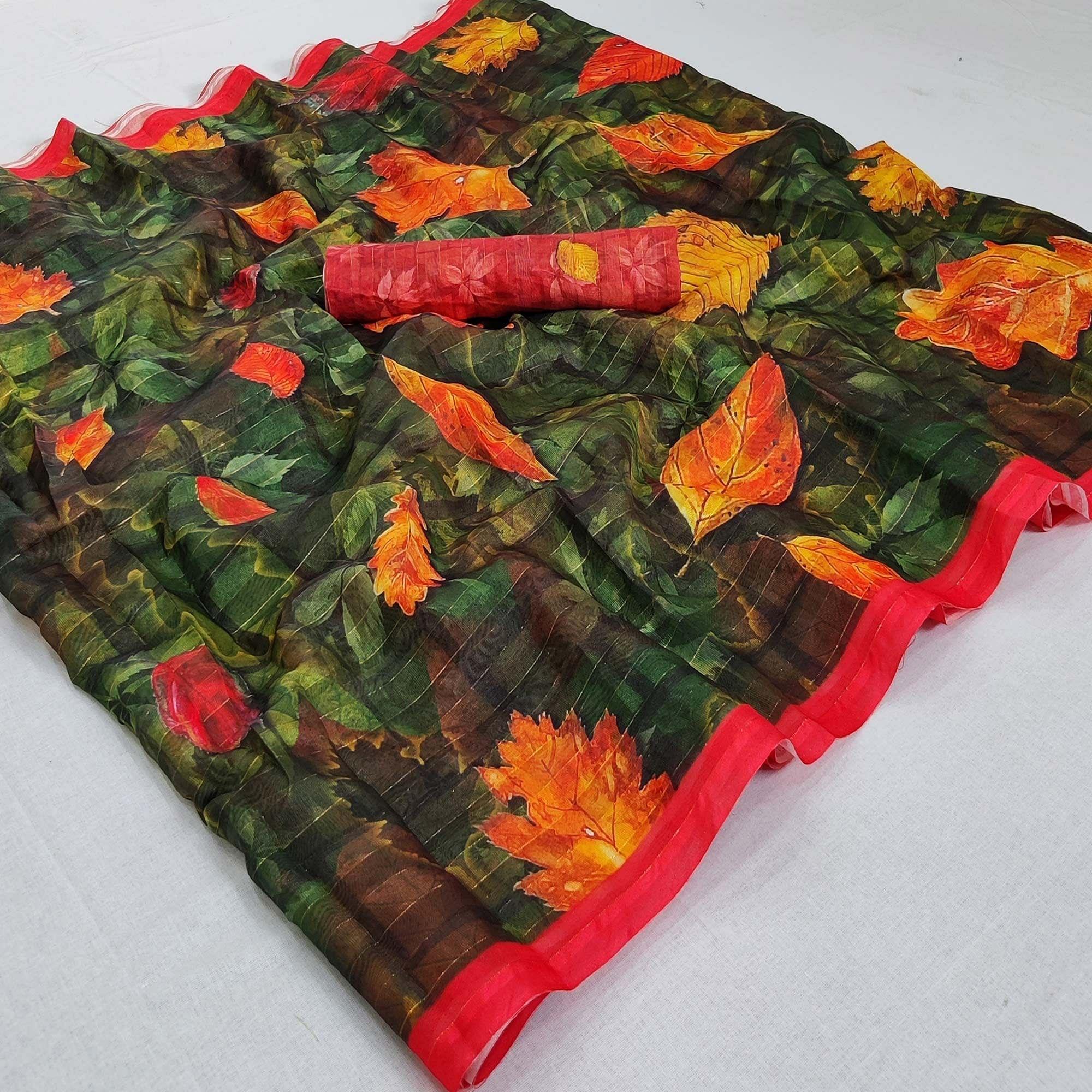 Green Casual Wear Digital Printed Cotton Silk Saree - Peachmode