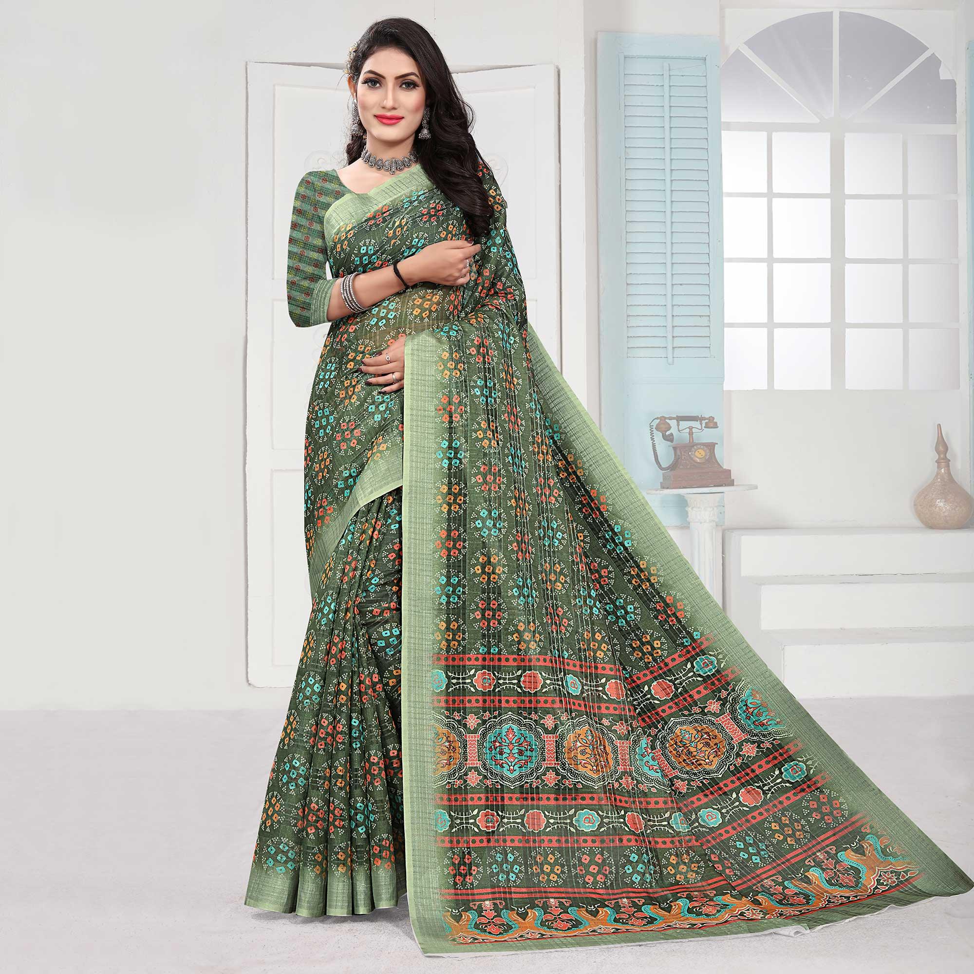 Green Casual Wear Digital Printed Cotton Silk Saree - Peachmode