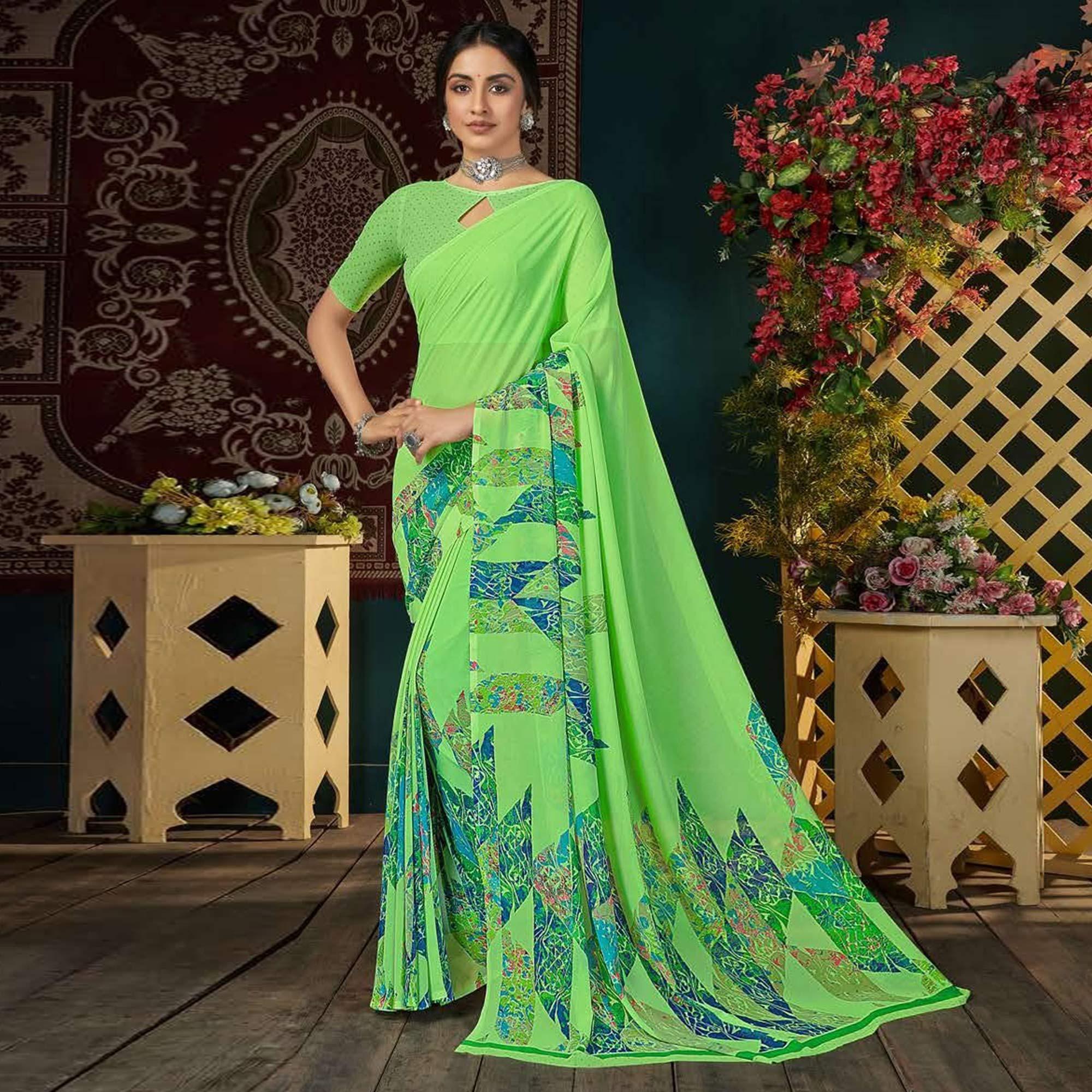 Green Casual Wear Digital Printed Georgette Saree - Peachmode
