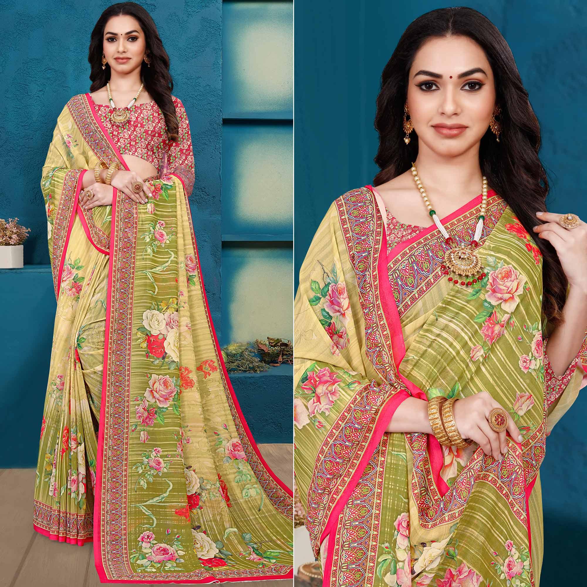 Green Casual Wear Digital Printed Georgette Saree - Peachmode