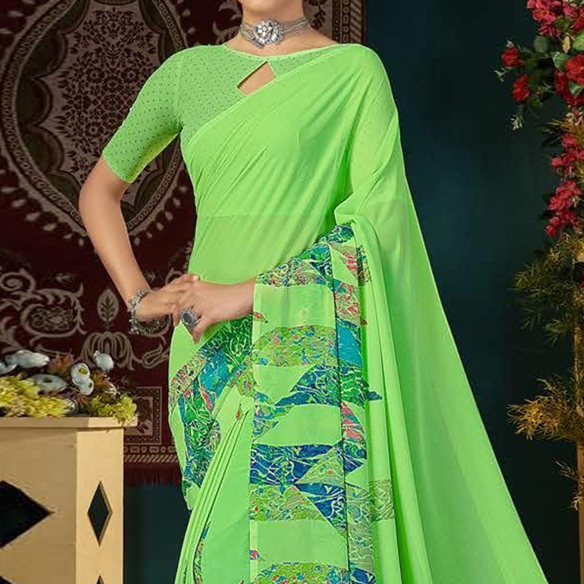 Green Casual Wear Digital Printed Georgette Saree - Peachmode