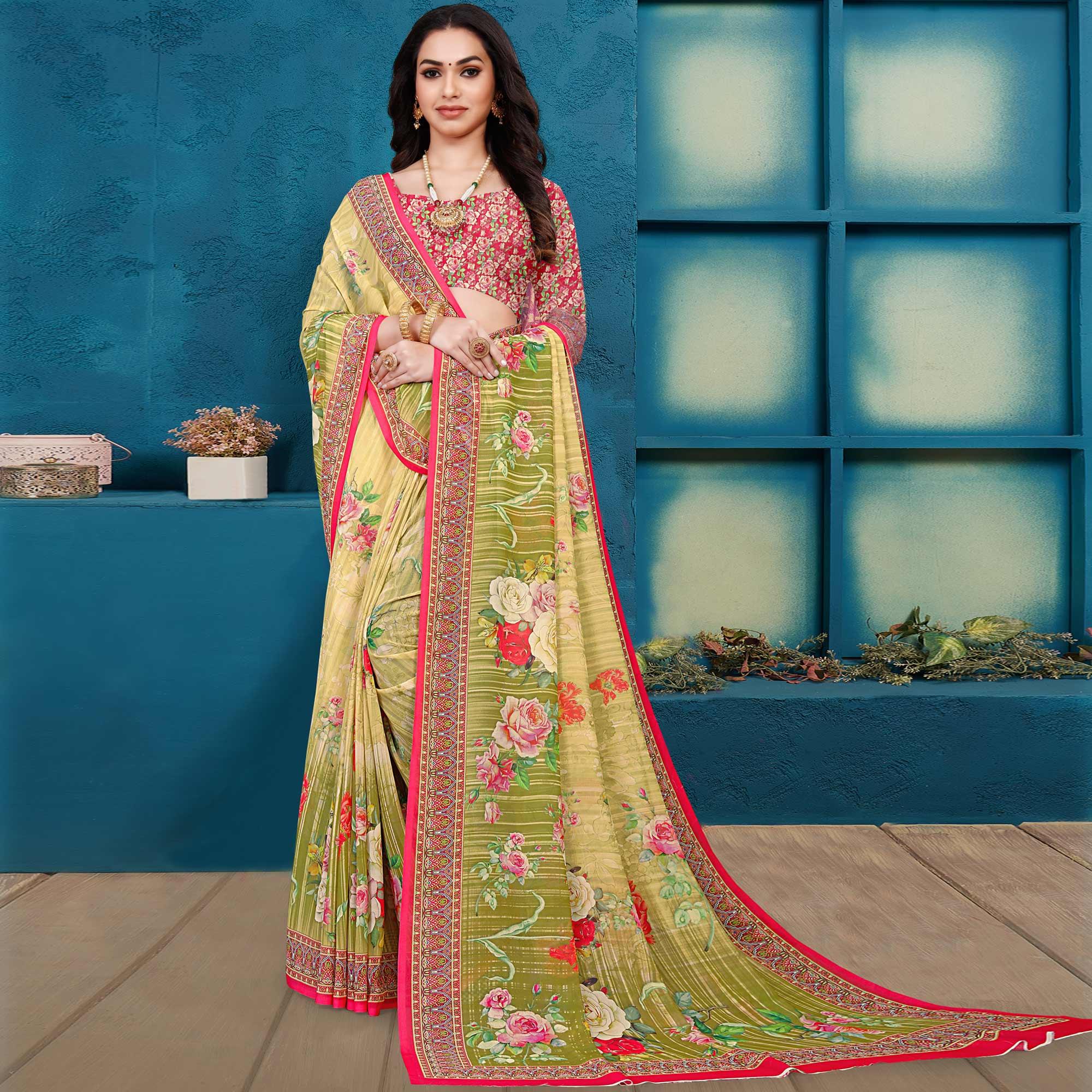 Green Casual Wear Digital Printed Georgette Saree - Peachmode