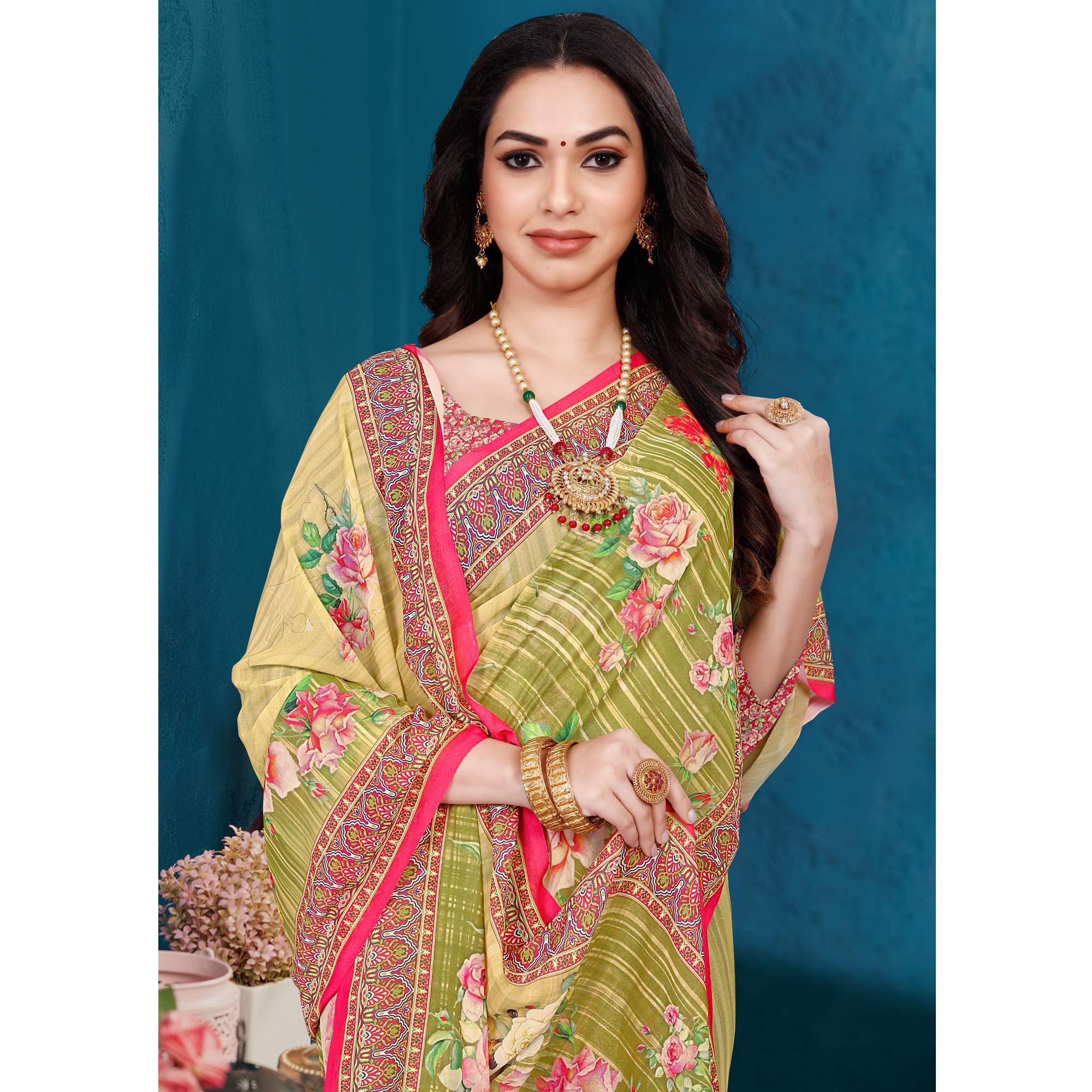 Green Casual Wear Digital Printed Georgette Saree - Peachmode
