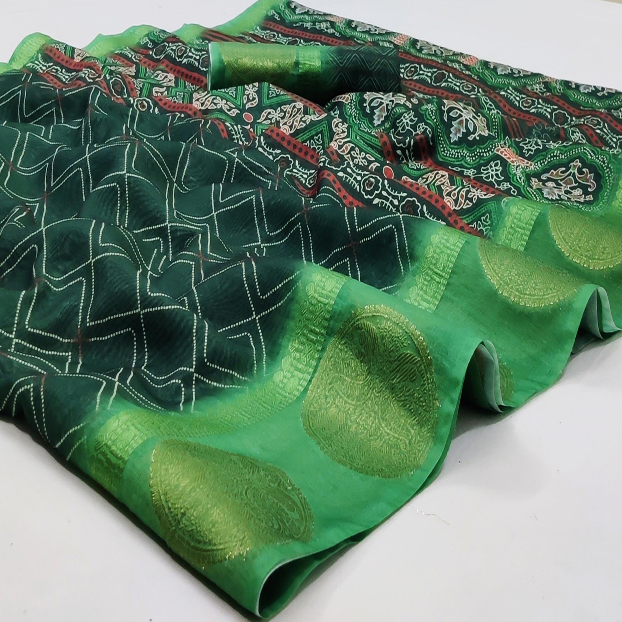 Green Casual Wear Digital Printed Linen Saree Woven Border - Peachmode
