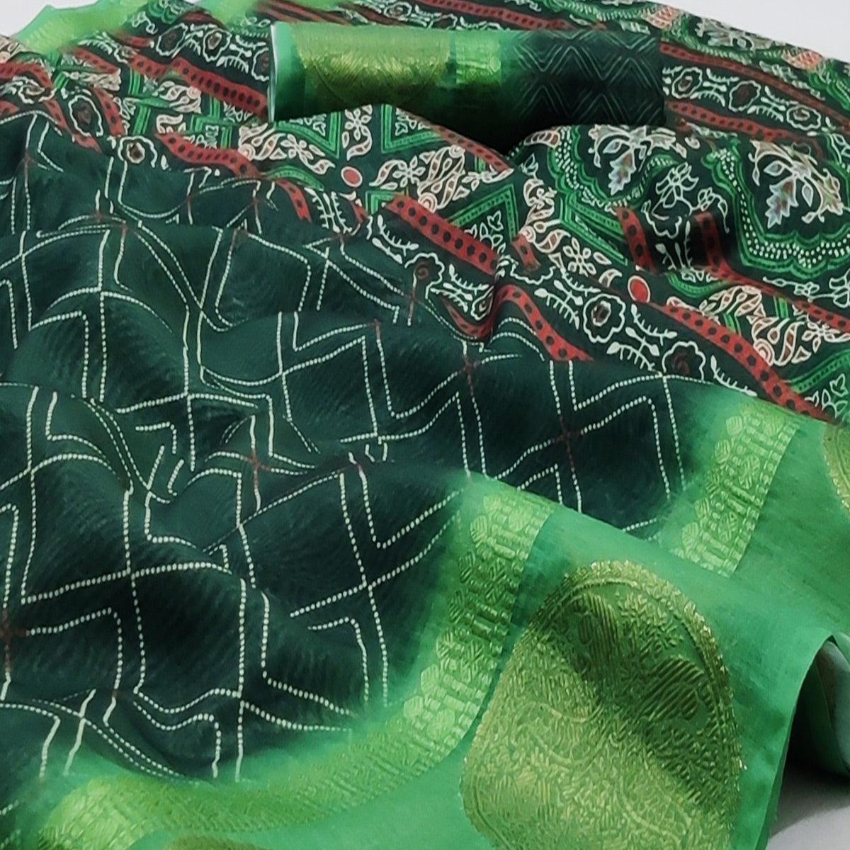 Green Casual Wear Digital Printed Linen Saree Woven Border - Peachmode