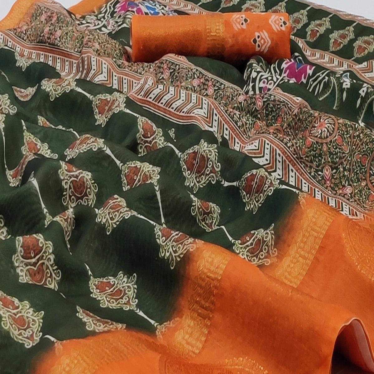 Green Casual Wear Digital Printed Linen Saree Woven Border - Peachmode
