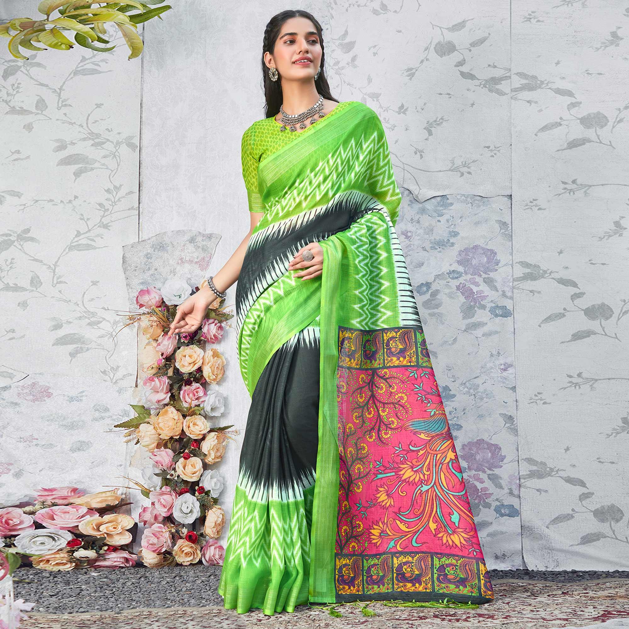 Green Casual Wear Digital Printed Pure Linen Saree - Peachmode