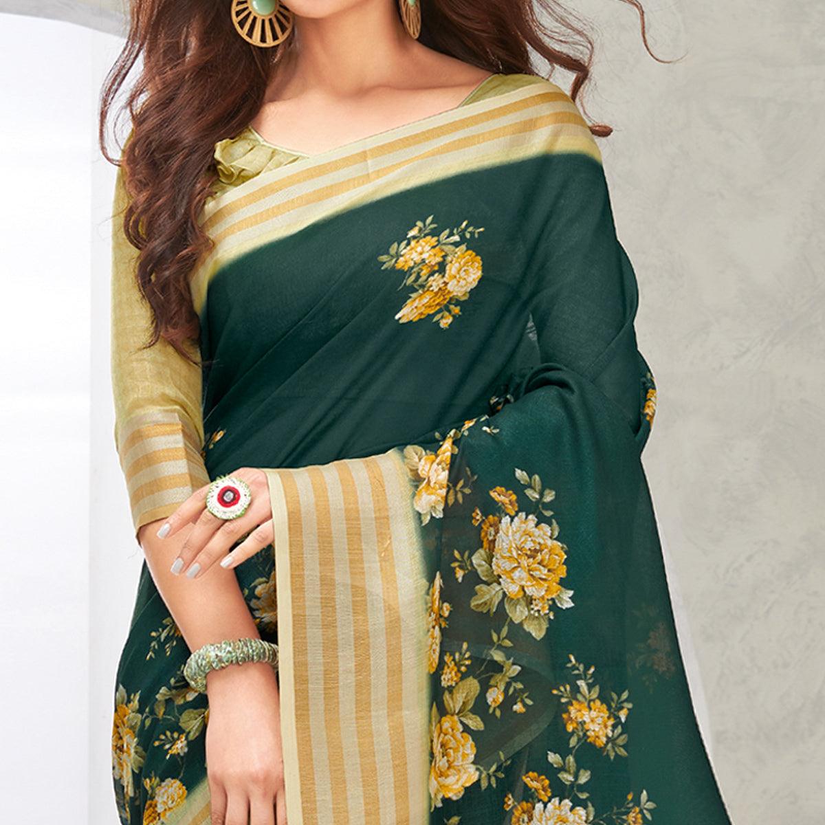 Green Casual Wear Digital Printed Pure Linen Saree - Peachmode