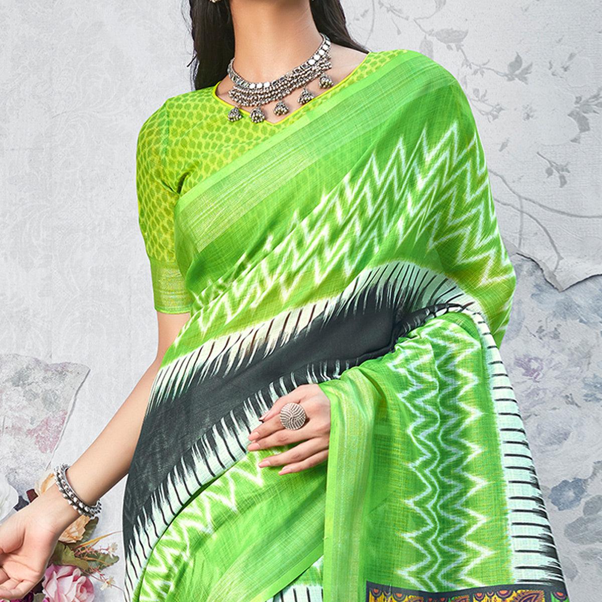 Green Casual Wear Digital Printed Pure Linen Saree - Peachmode