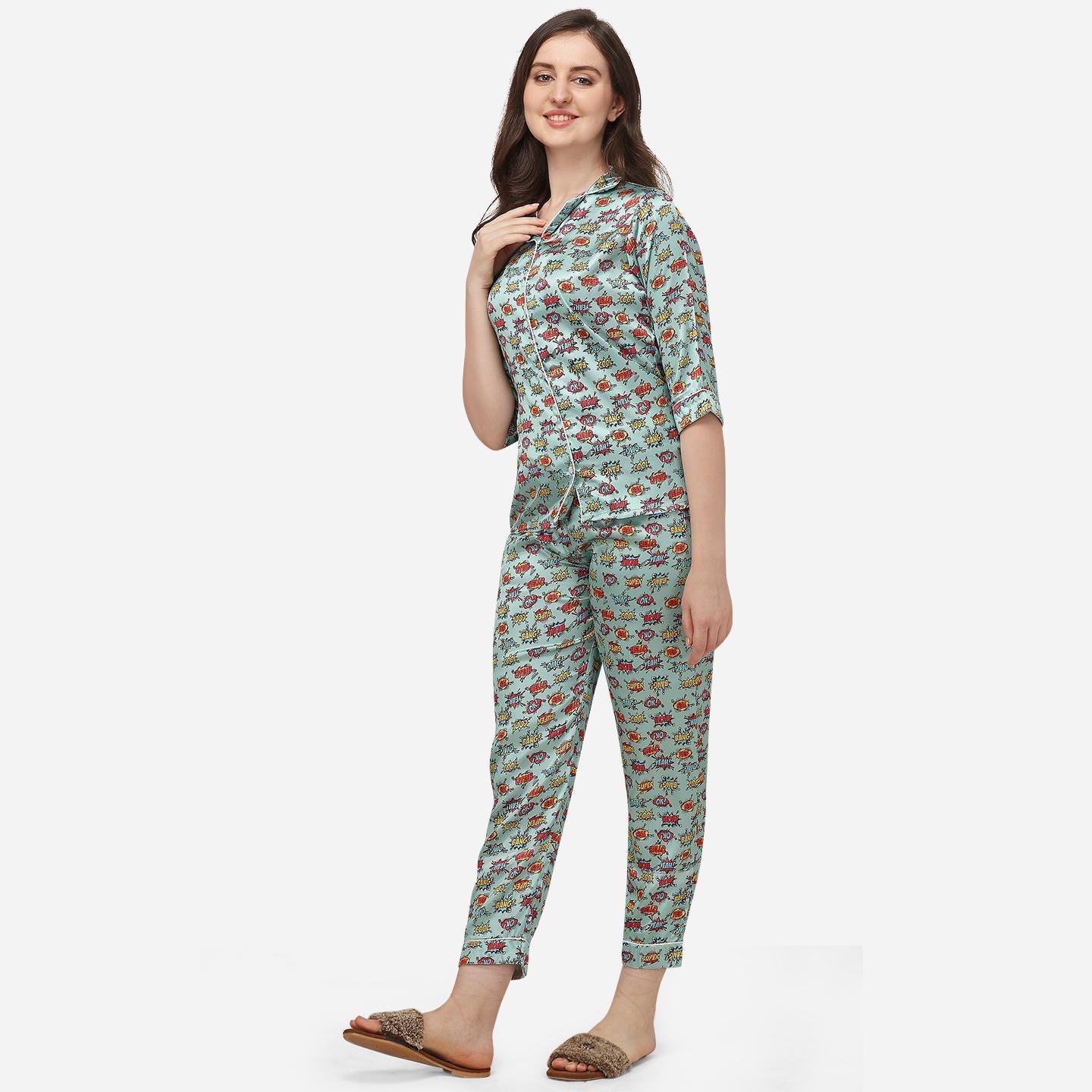 Green Casual Wear Digital Printed Satin Night Suit - Peachmode