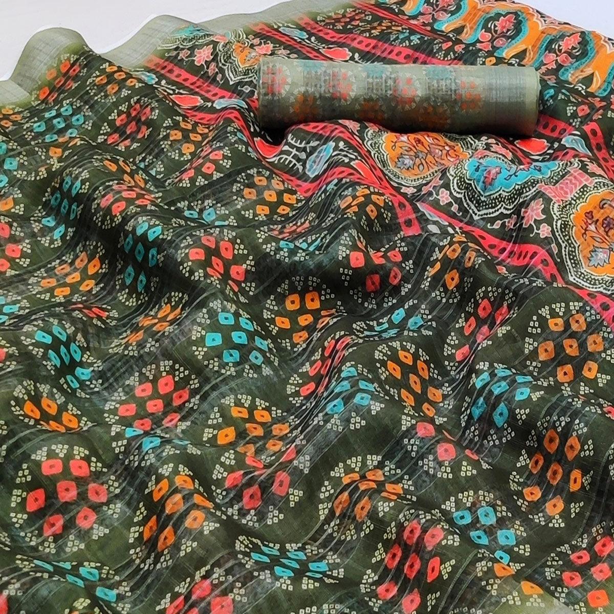 Green Casual Wear Digital Printed Silk Saree With Jacquard Border - Peachmode
