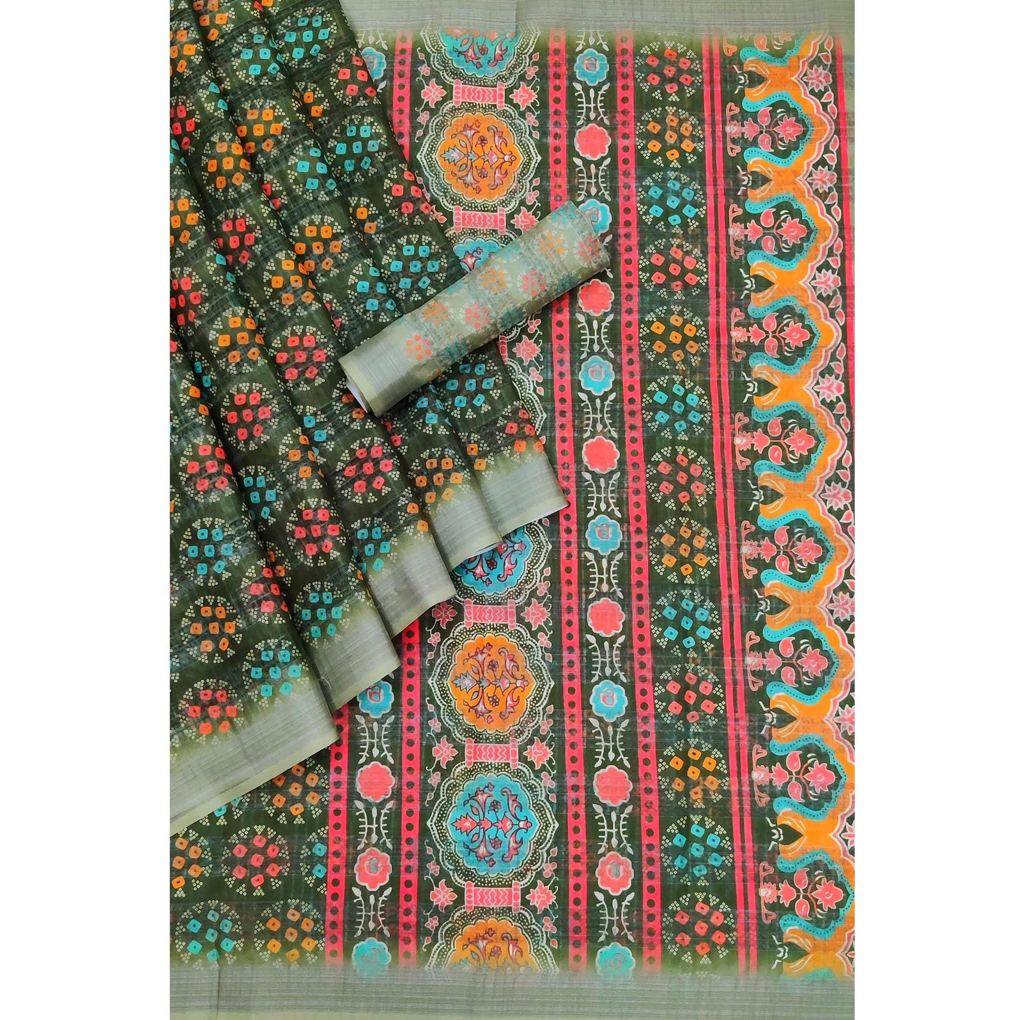 Green Casual Wear Digital Printed Silk Saree With Jacquard Border - Peachmode