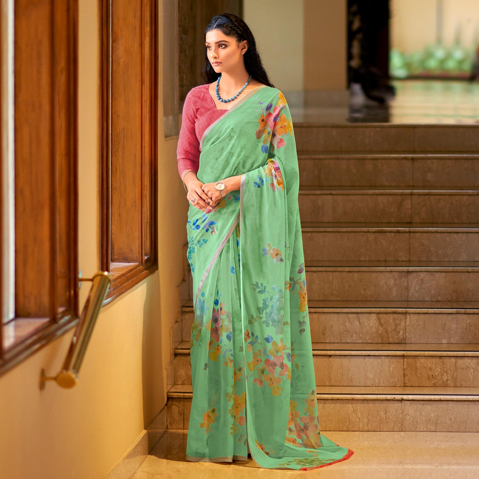 Green Casual Wear Digital Printed Soft Organza Saree - Peachmode