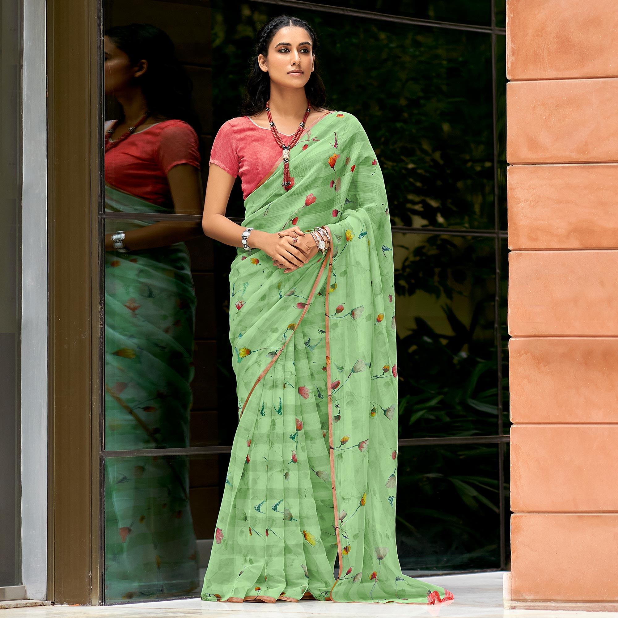 Green Casual Wear Digital Printed Soft Organza Saree - Peachmode