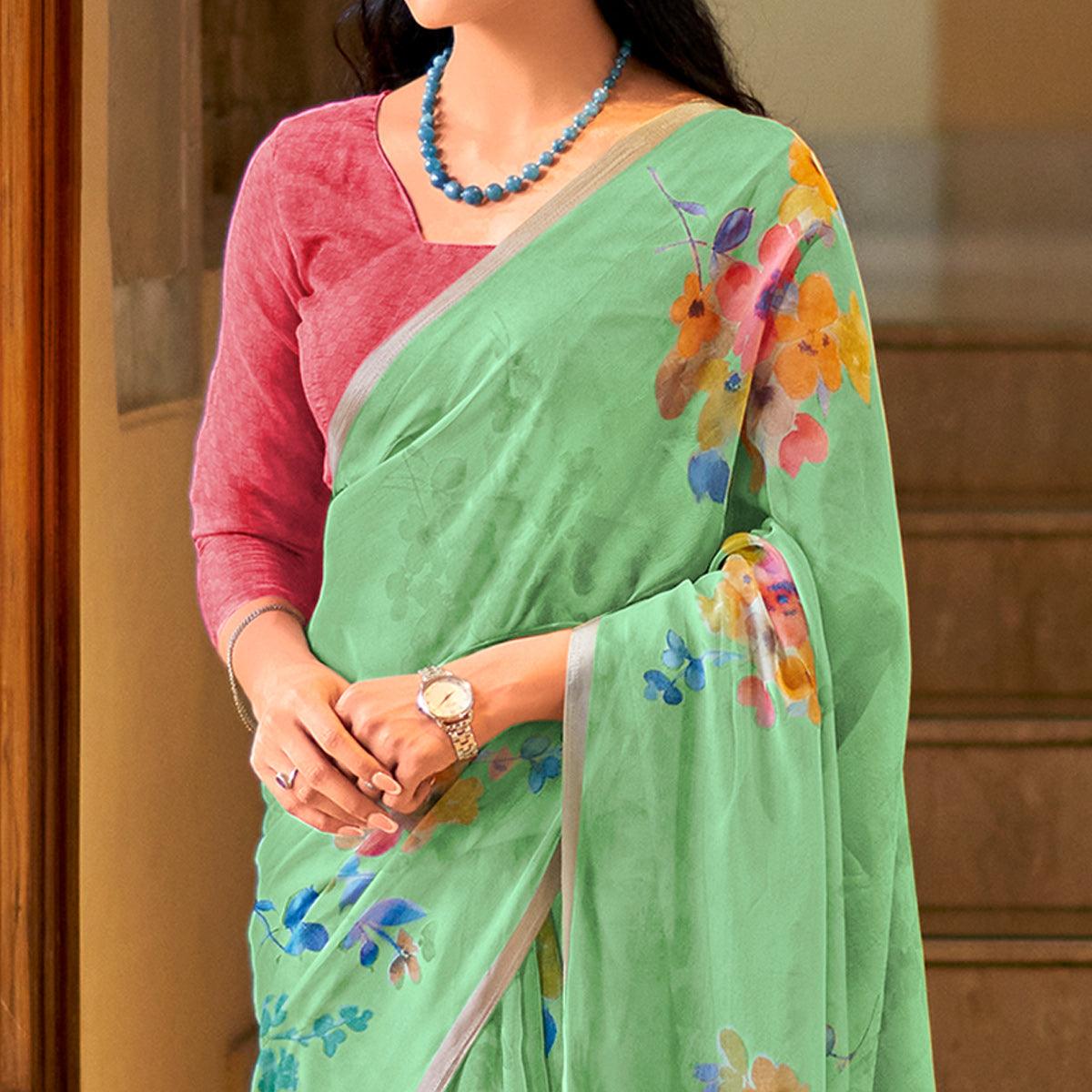 Green Casual Wear Digital Printed Soft Organza Saree - Peachmode