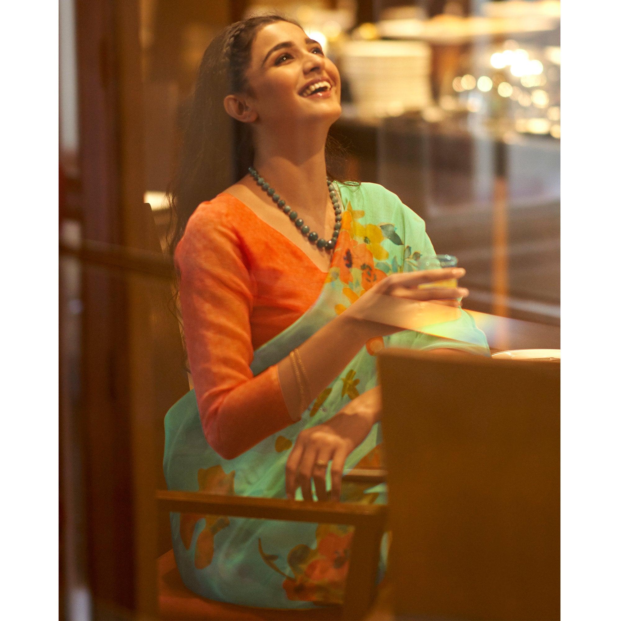 Green Casual Wear Digital Printed Soft Organza Saree - Peachmode