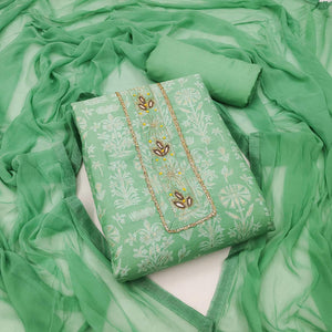 Green Casual Wear Embellished With Printed Cotton Dress Material - Peachmode