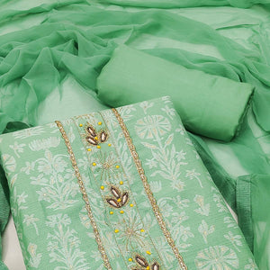Green Casual Wear Embellished With Printed Cotton Dress Material - Peachmode