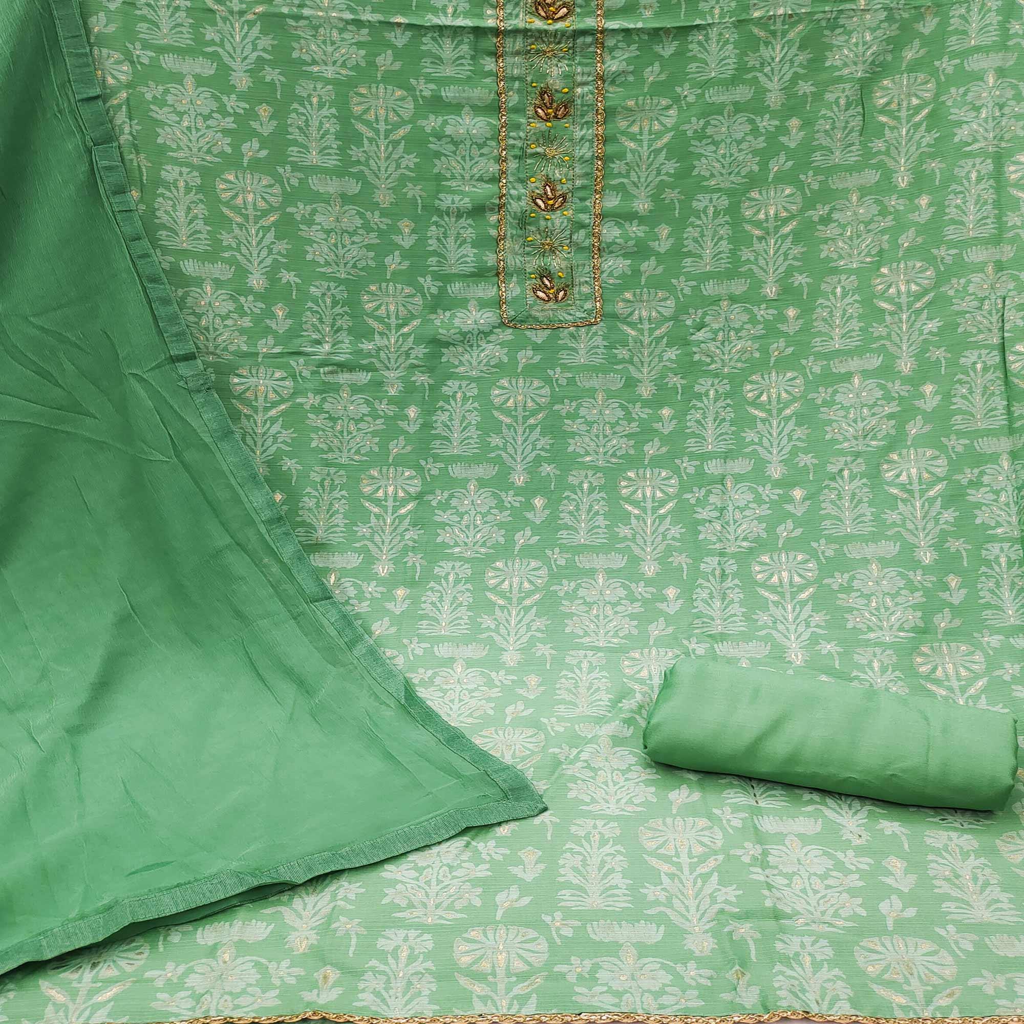 Green Casual Wear Embellished With Printed Cotton Dress Material - Peachmode