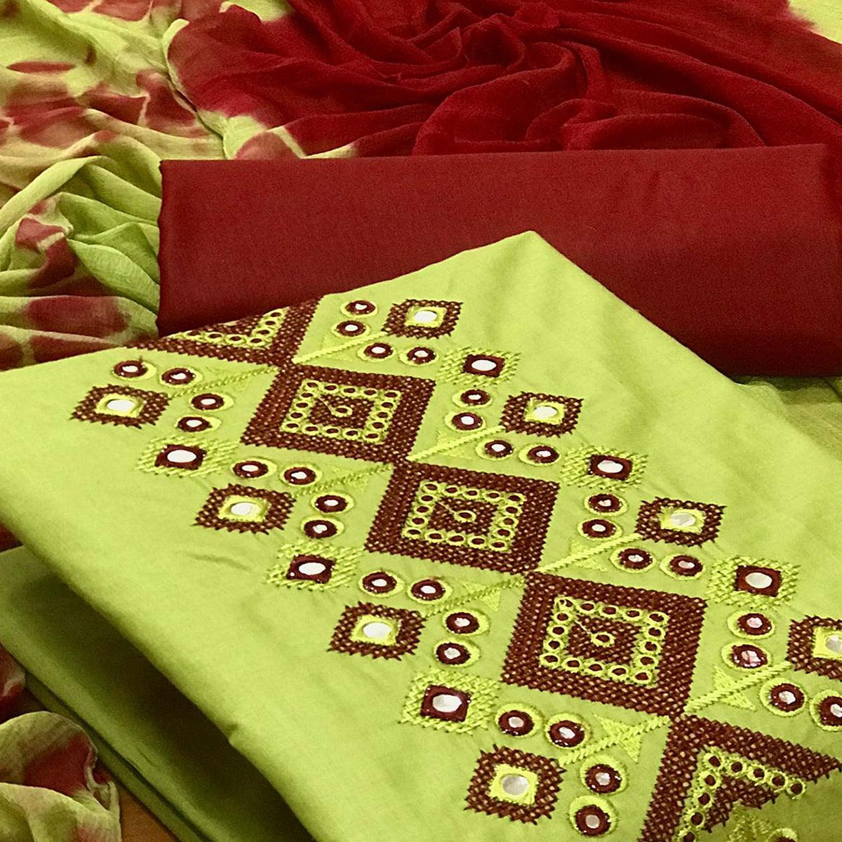 Green Casual Wear Embroidered & Mirror Work Cotton Dress Material - Peachmode