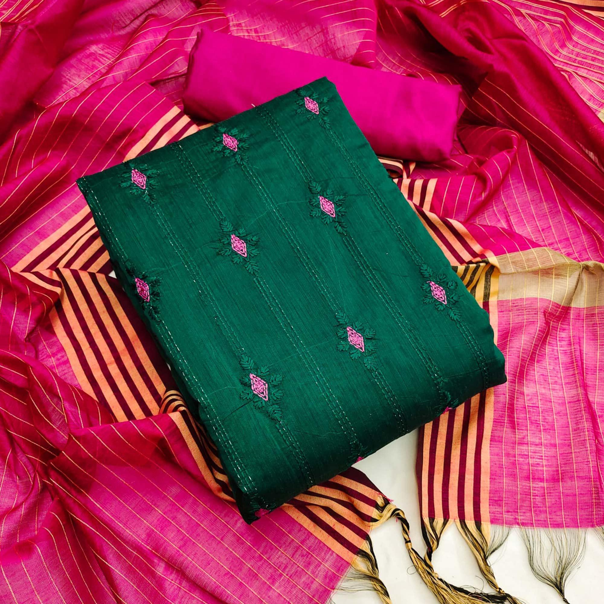 Green Casual Wear Embroidered Chanderi Dress Material - Peachmode
