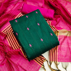 Green Casual Wear Embroidered Chanderi Dress Material - Peachmode