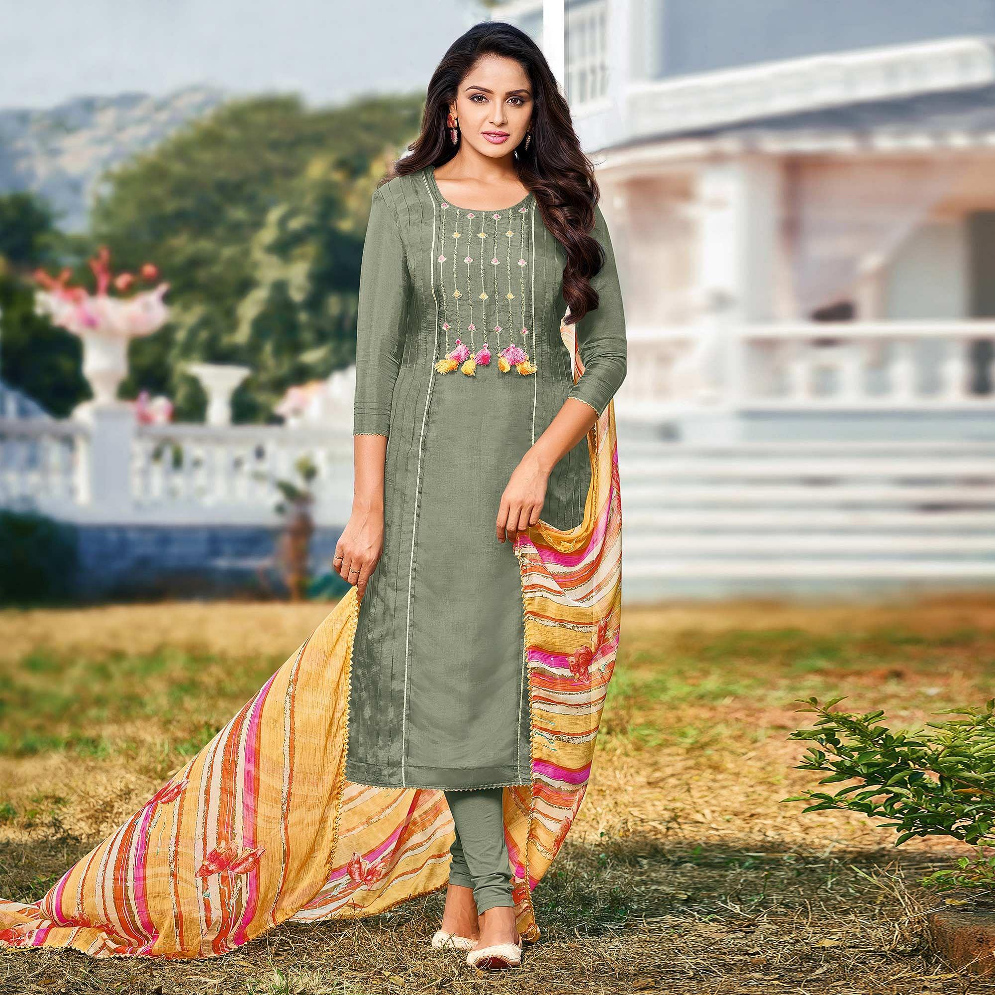 Green Casual Wear Embroidered Chanderi Dress Material - Peachmode