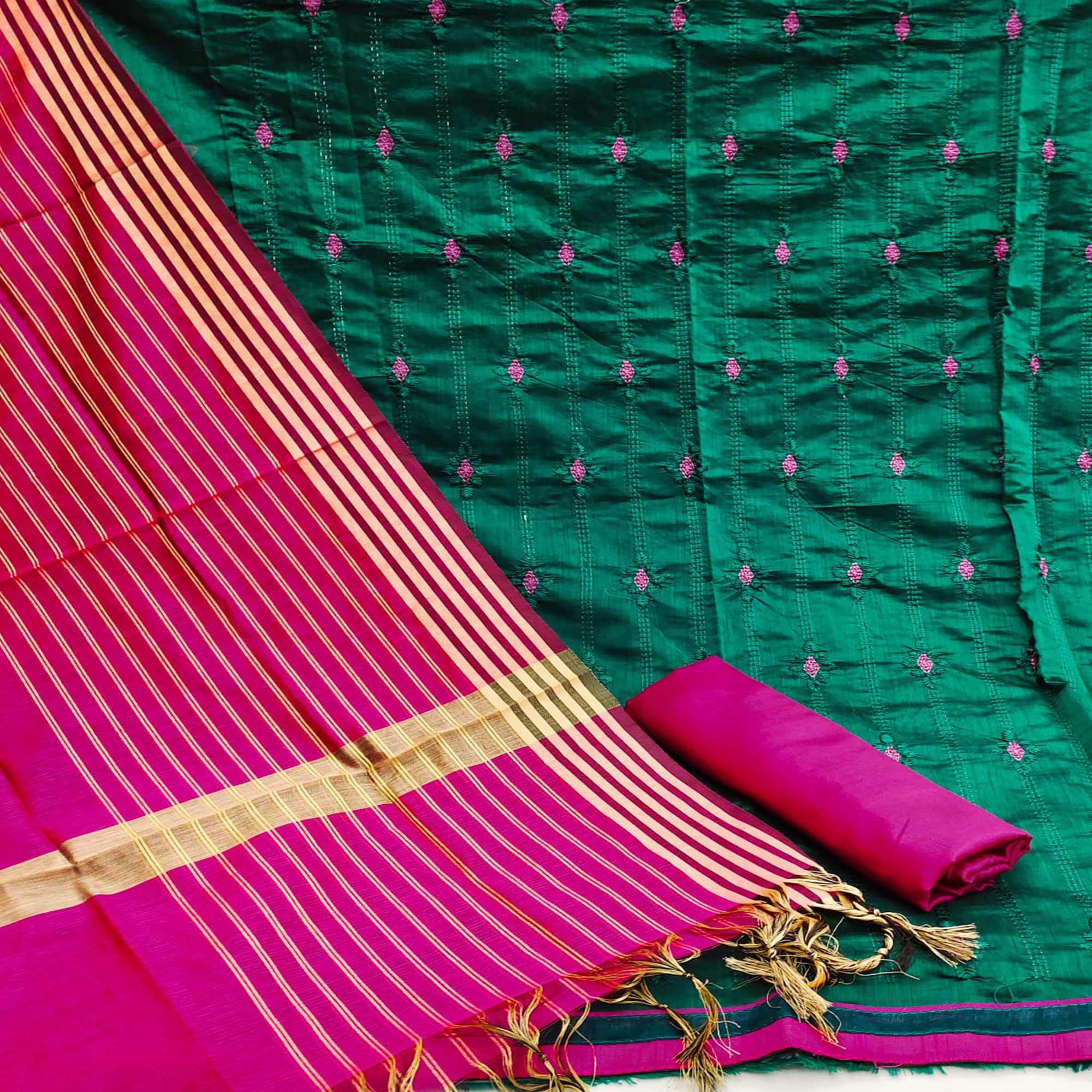Green Casual Wear Embroidered Chanderi Dress Material - Peachmode