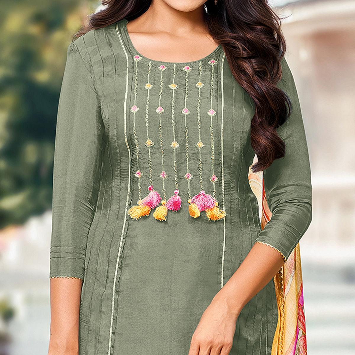 Green Casual Wear Embroidered Chanderi Dress Material - Peachmode