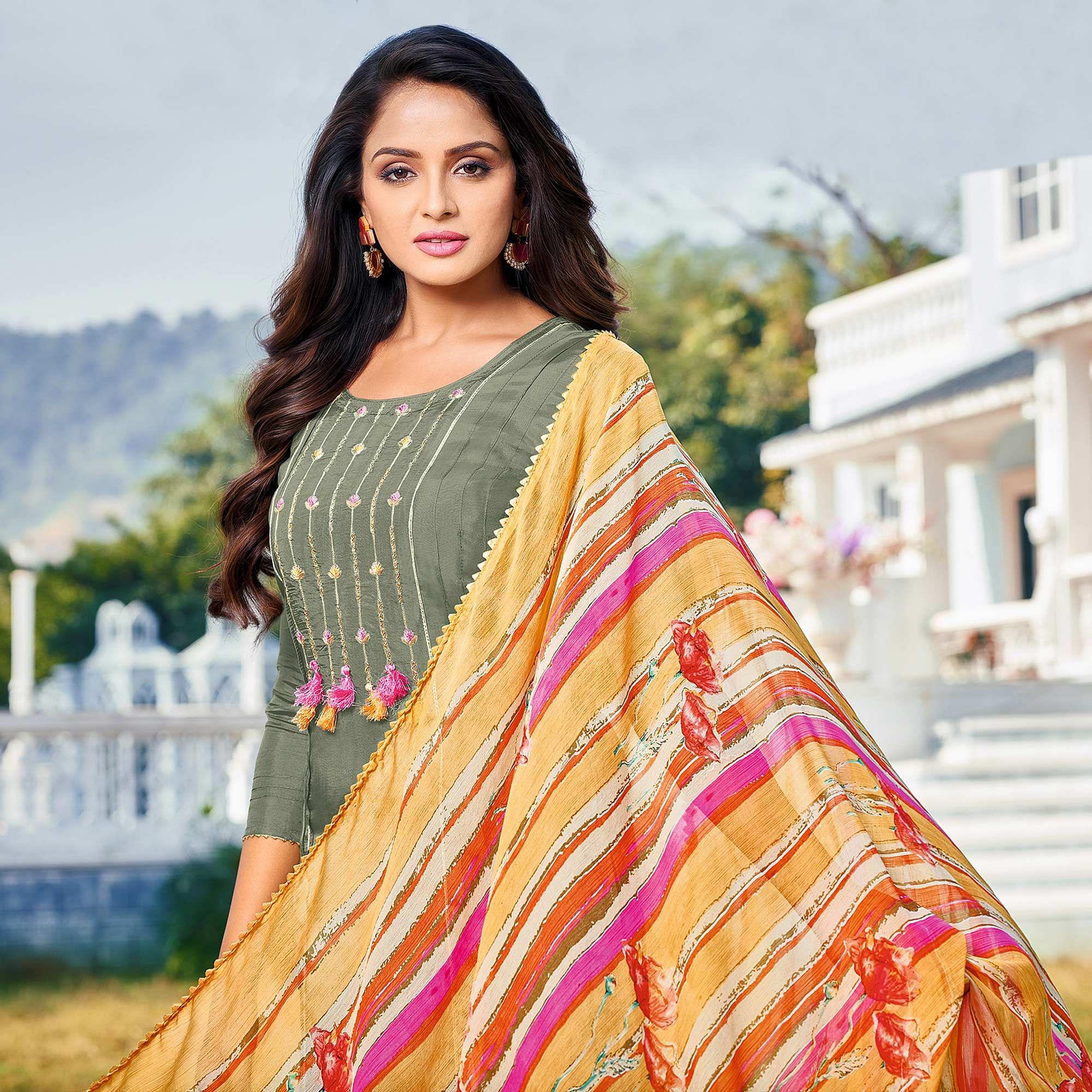 Green Casual Wear Embroidered Chanderi Dress Material - Peachmode